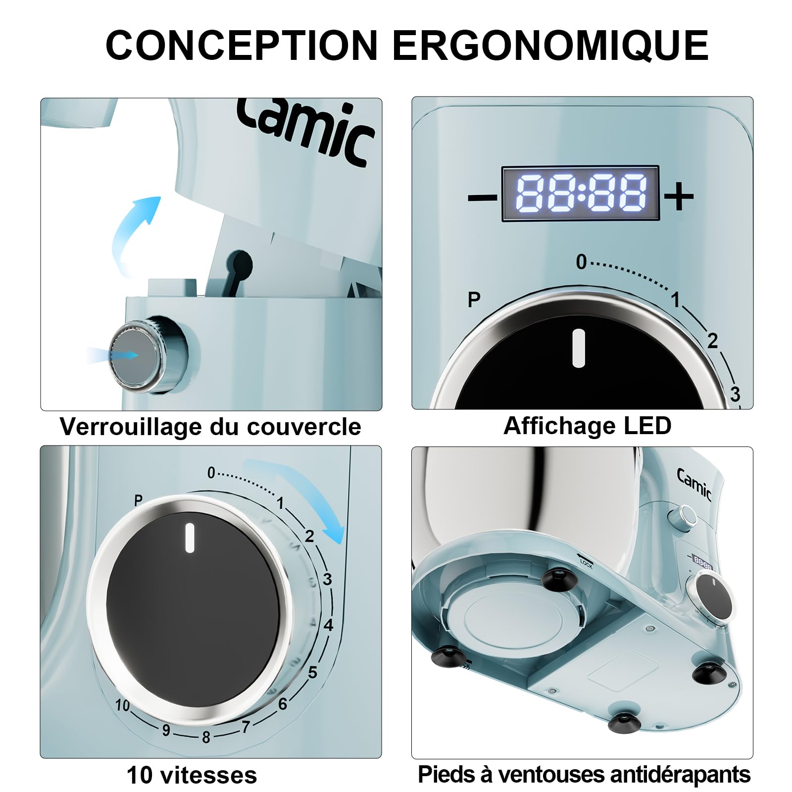 Camic Robot Pâtissier avec 3 Accessoires (Pétrissage, Mélange, Fouet), Robot Patissier avec écran LED, Minuterie, 10 Vitesses, 2 Bols en Acier Inoxydable (4 L + 5 L), pour Pâte, Pain, Pizza, Pâteaux