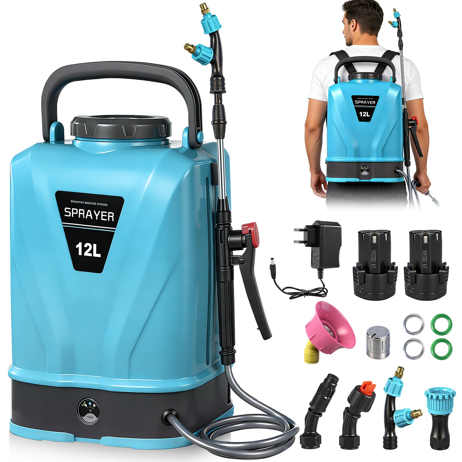 Viugreum Rückensprüher 12L, Drucksprüher Mit 5 verstellbaren Düsen, Ladegerät, Akku und Schultergurt, Filter, Sprühstange, Profi Drucksprüher für Gartenbau, Landwirtschaft und Unkrautbekämpfung
