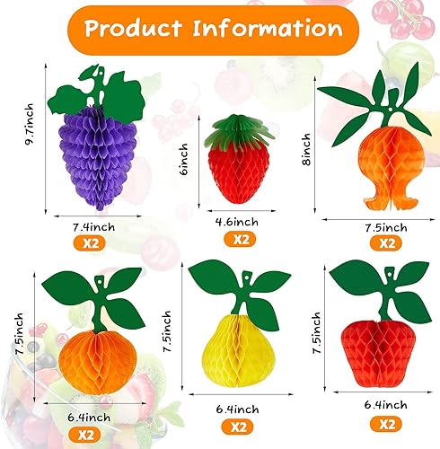 Miniatura 2 de Outus 12 piezas de decoraciones de fiesta de frutas colgantes de panal de abeja, bola de papel de seda de fresa y manzana, centros de mesa para