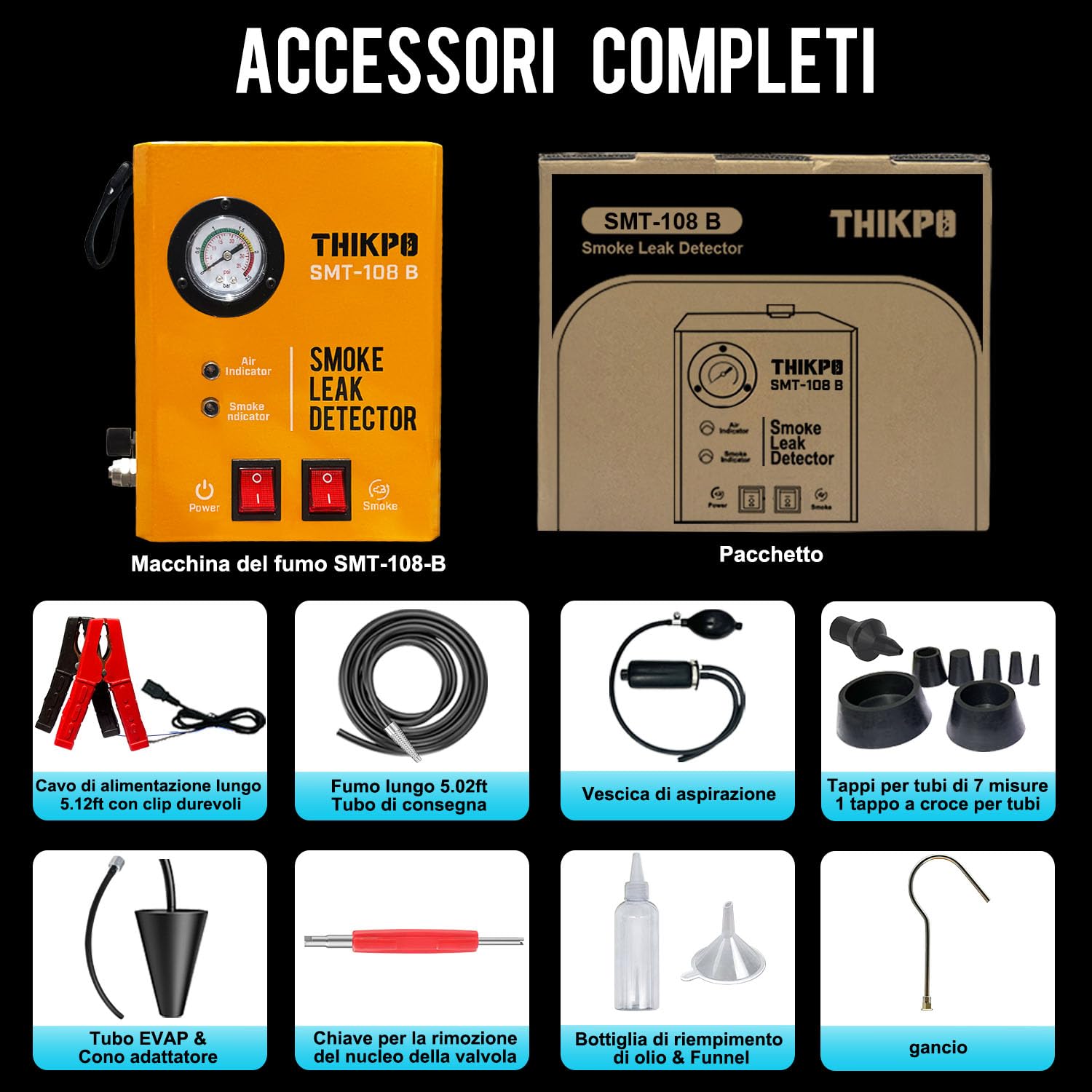 Rilevatore di Perdite per Auto con Pompa Aria Integrata – Macchina del Fumo Professionale per Test EVAP, Vuoto, Carburante, Tubi e Diagnostica Perdite per Veicoli 12V DC