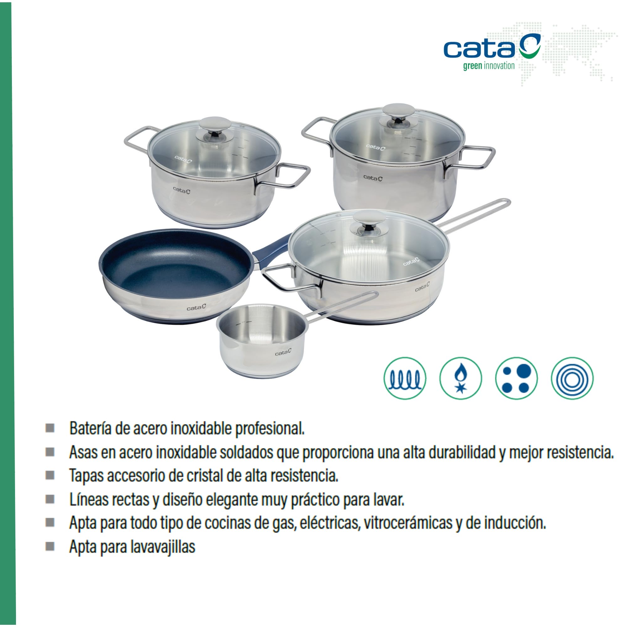 CATA New York - Juego de sartenes y cacerolas (5 Piezas, con Tapa de Cristal, Acero Inoxidable Pulido, aptas para inducción)