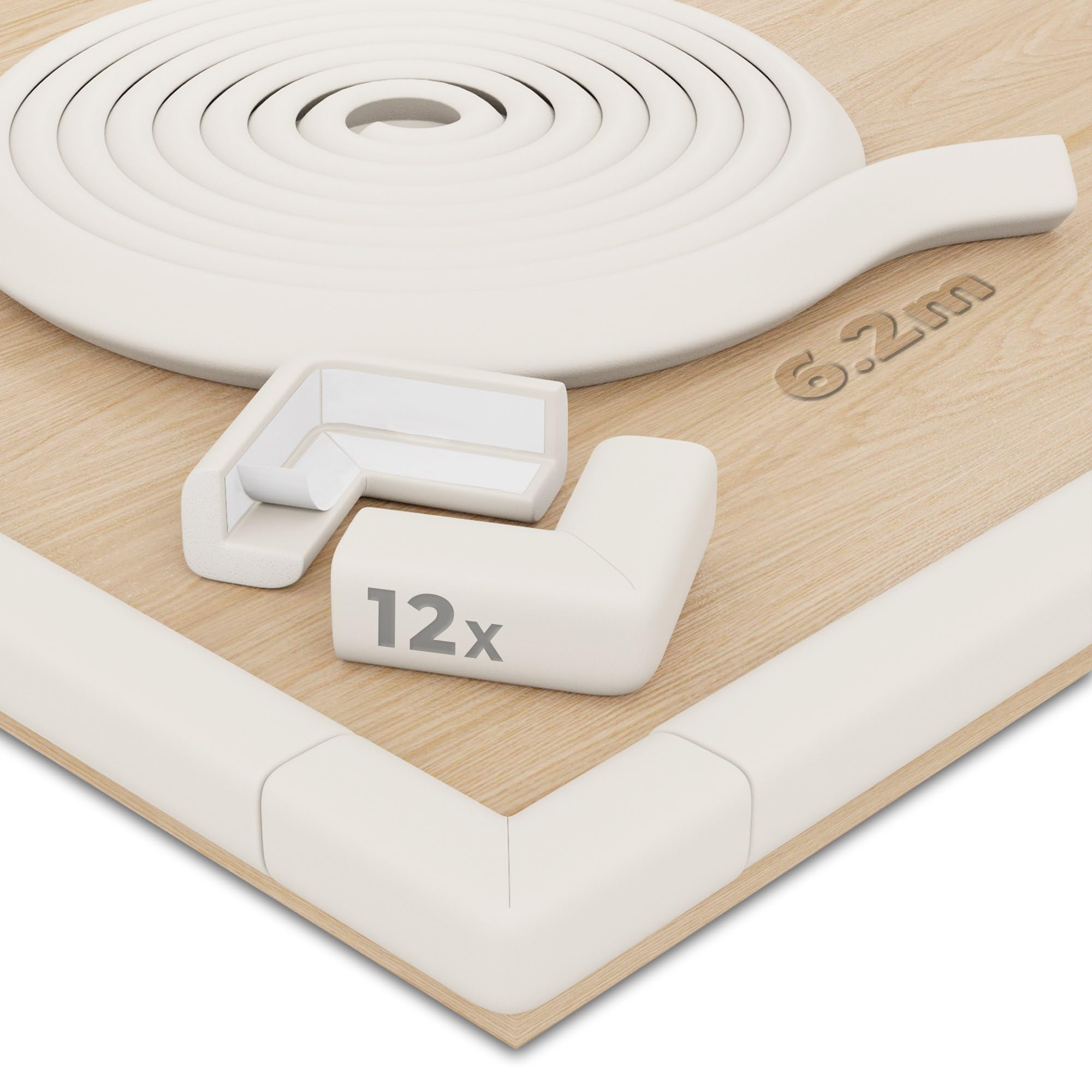 Hoffenbach Kantenschutz Baby aus Schaumstoff – 6,2m Tischkantenschutz & 12x Eckenschutz – Tischecken Kindersicherung – Selbstklebender Schutz für Kinder, Bett, Fensterbank & Schreibtisch – Wollweiß