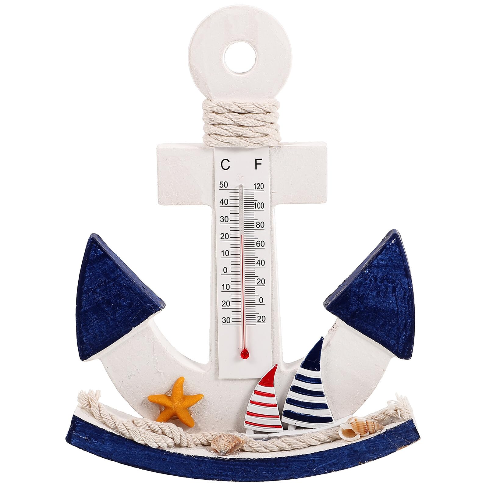 Wooden Ocean Theme Thermometer Anchor Ornament, Mediterranean Style Temperature Gauge Home Decor, Nautical Bedroom Wooden Sculpture for ’ Room