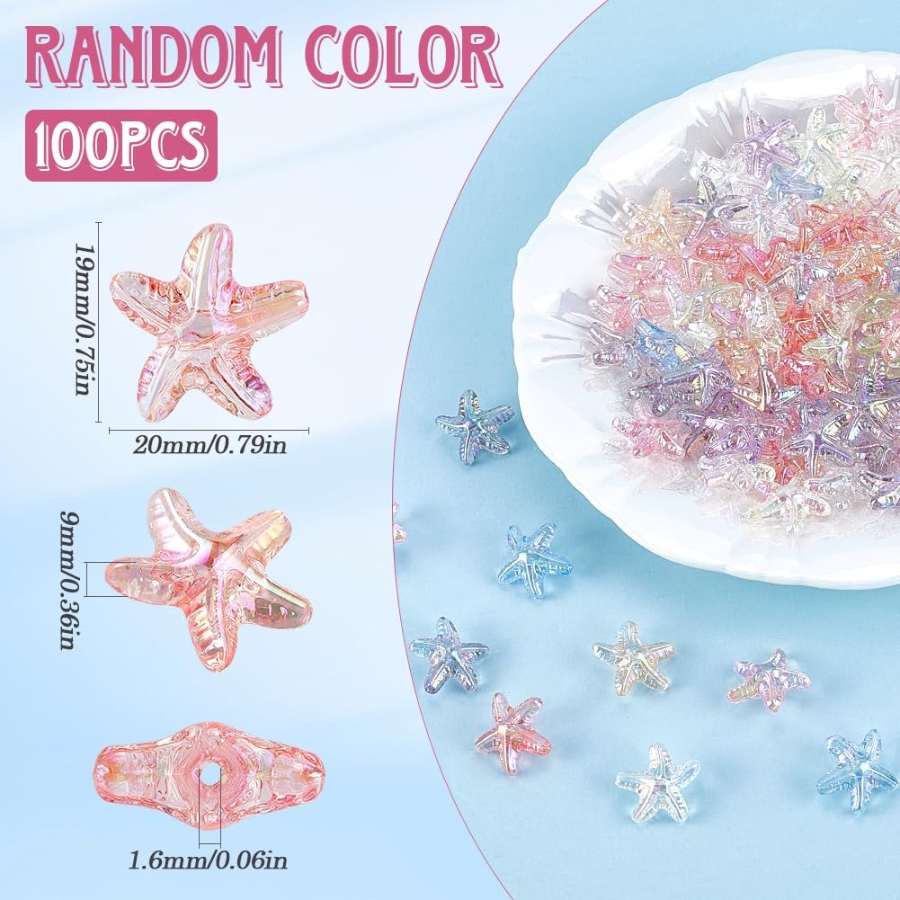 100Pcs Starfish Bead Sea Life Spacer Beads Random Colorful Transparent Acrylic Small Clear Summer Ocean Beach Loose Beads for Jewelry Making Necklaces Bracelets Earrings Supplies DIY Crafts