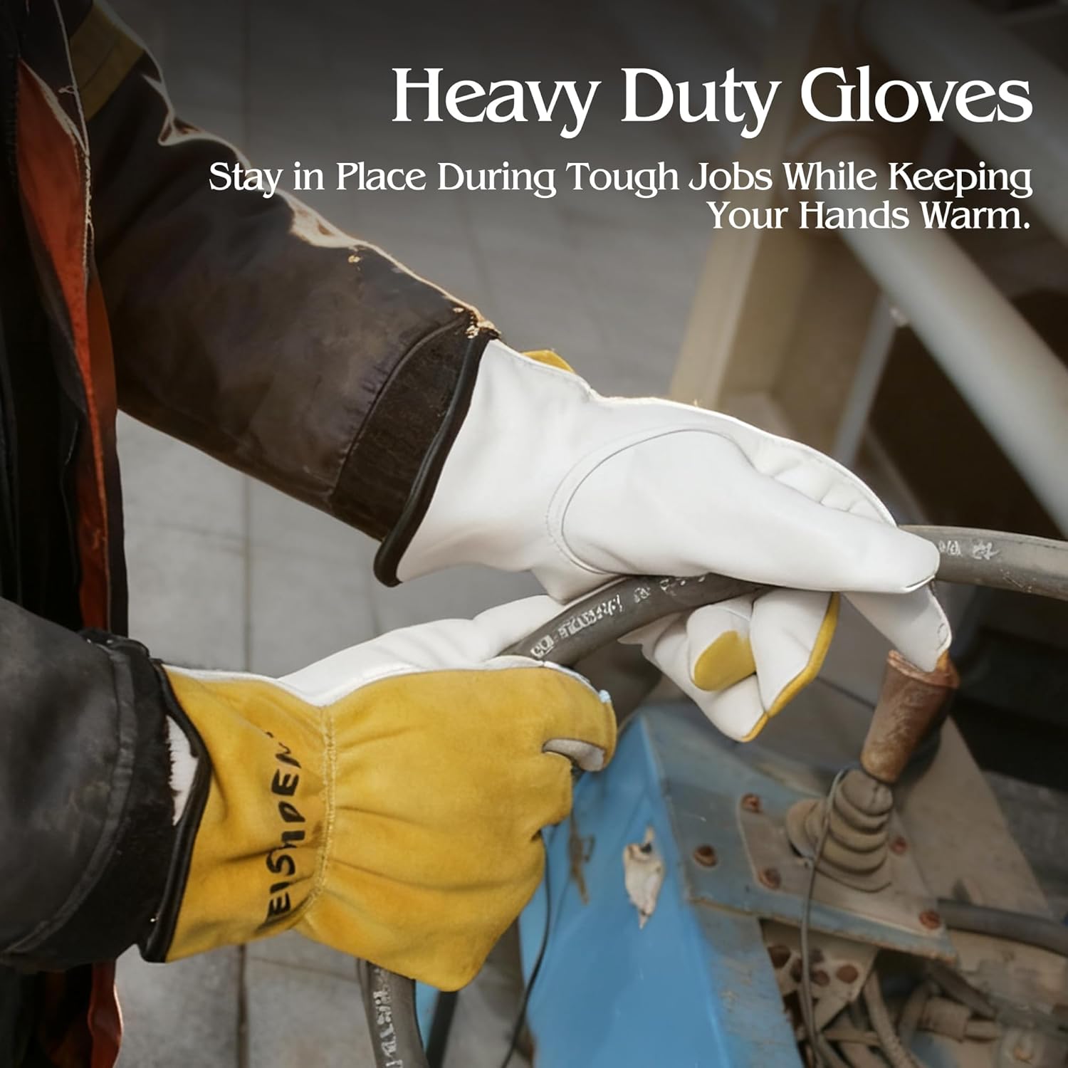 Winter Work Gloves for Men, Warm Insulated Leather Work Gloves, Cowhide Leather Gloves Working in Cold Weather (White+Yellow, X-Large) - Image 5