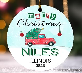 Merry Christmas Niles Illinois Ornament Name City State – Holiday Tree Decoration 2025 Gift for Couples Families Travelers Keepsake 3" White