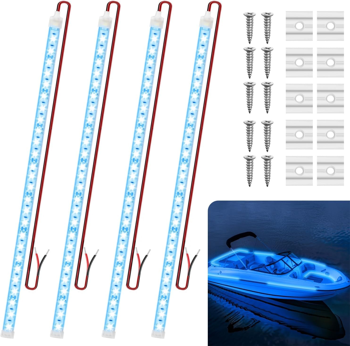 Boat Marine Submersible Led Strip Lights, 4 Pcs 20 Inches 12V Super Bright Boat Interior Lights, IP68 Waterproof Marine Led Strip Lights Night Fishing Lights for Boats, Kayak (Blue)