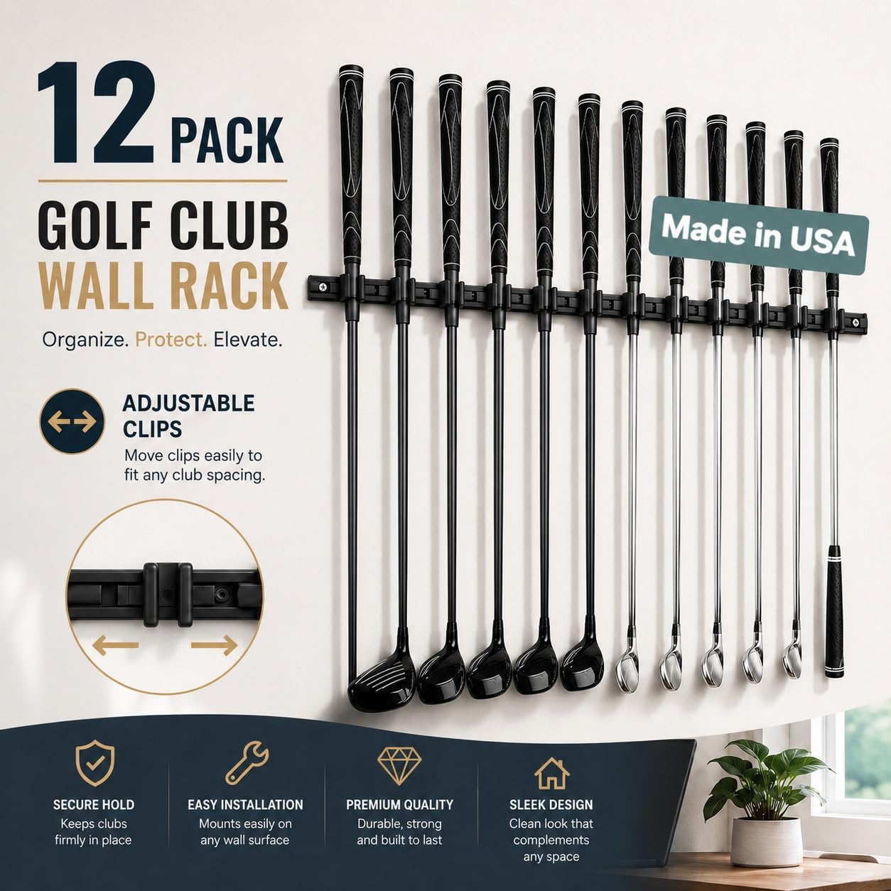 Generic 10 Golfschlägerhalter auf 61 cm großem Regal, Wandaufhänger, Regal, Halterung, Organizer (Club Grip Up)