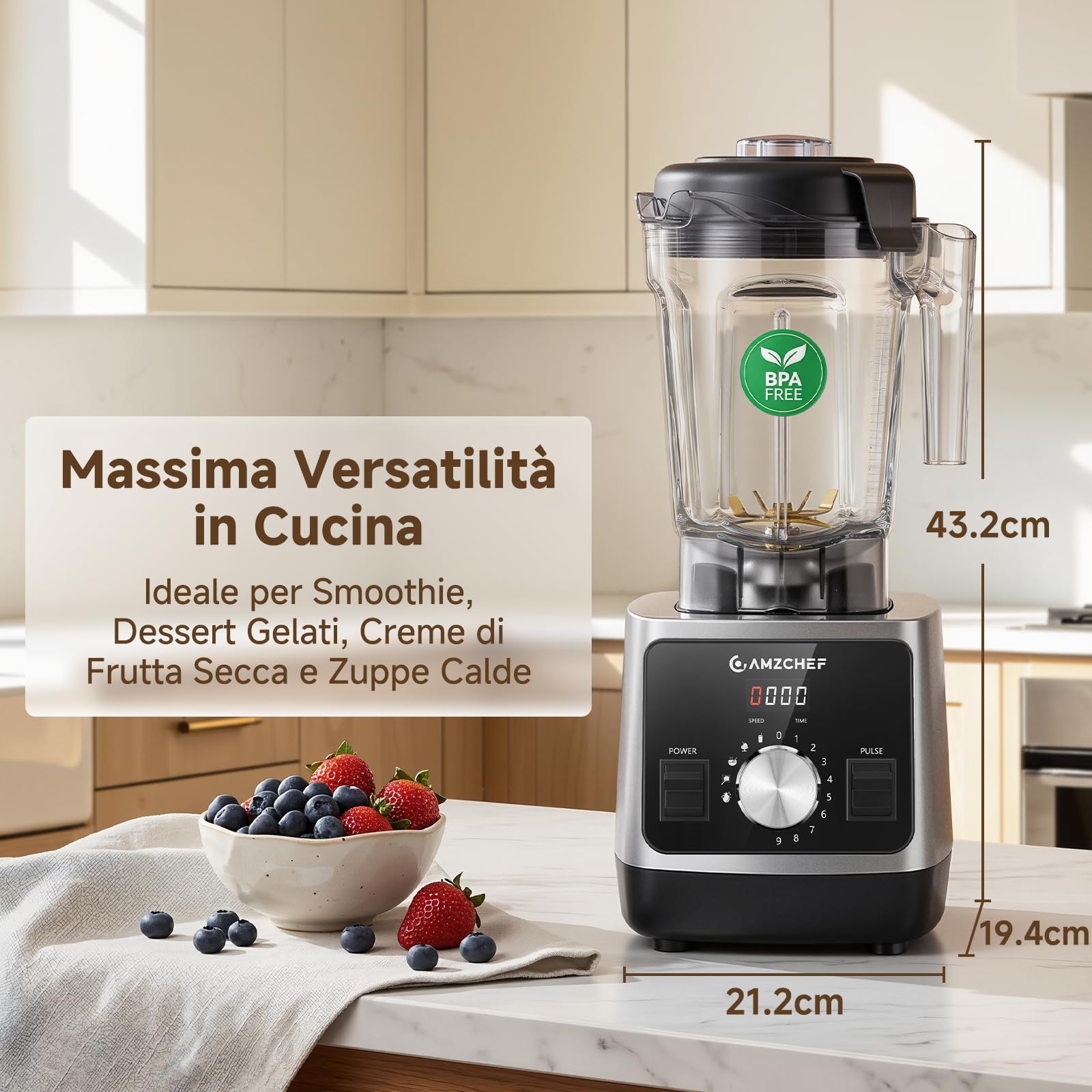 AMZCHEF Frullatore Elettrico Professionale 2L, Blender Tritaghiaccio Multifunzione per Smoothie e Zuppe, Cucina con 1800W, Caraffa in Tritan Senza BPA, 9 Velocità, 5 Programmi, Facile da Pulire