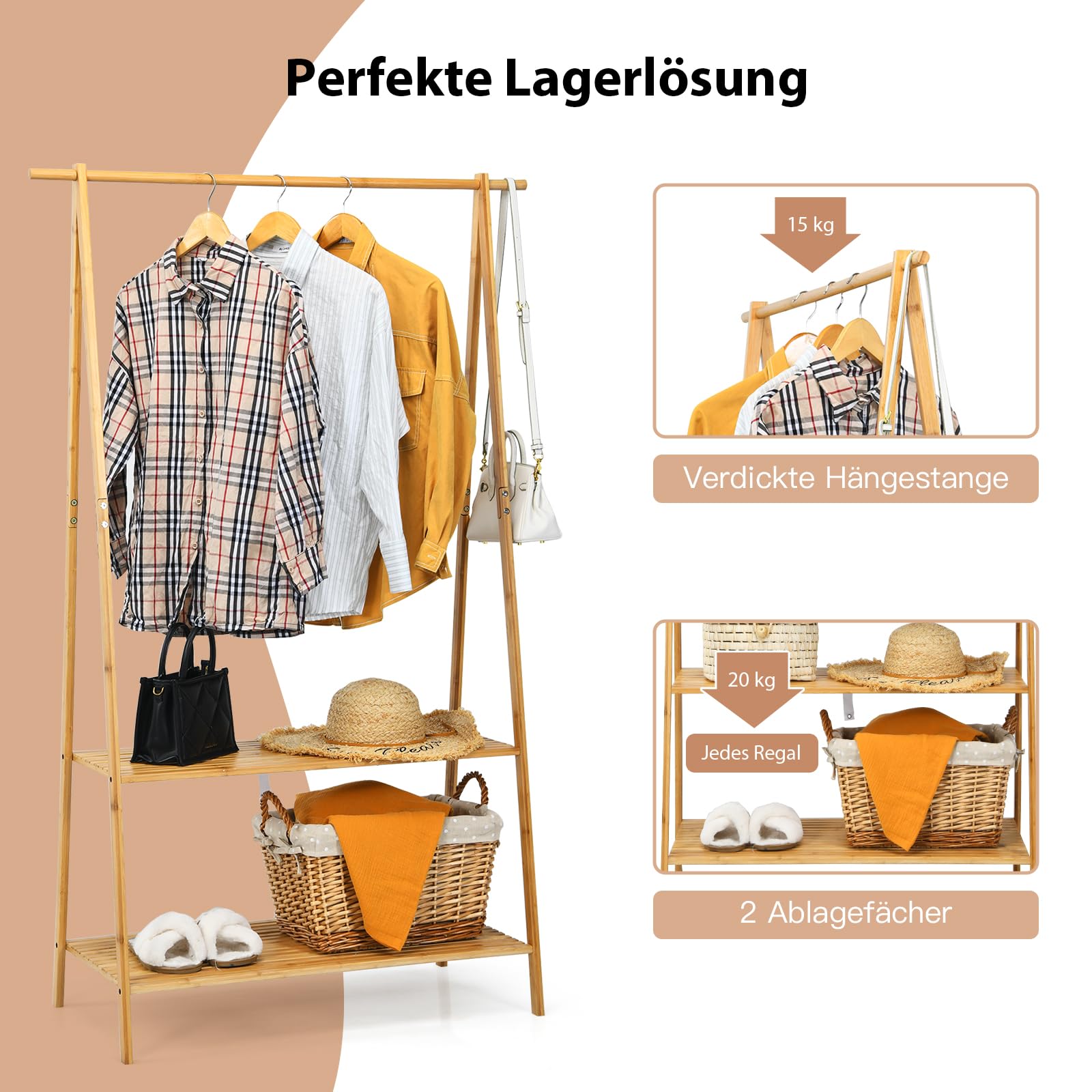 GOPLUS Perchero de Bambú con Estantería de 2 Niveles | Burro de Pie para Colgar Ropa, para Entrada, Dormitorio, Pasillo, 101 x 45 x 160 cm, Natural