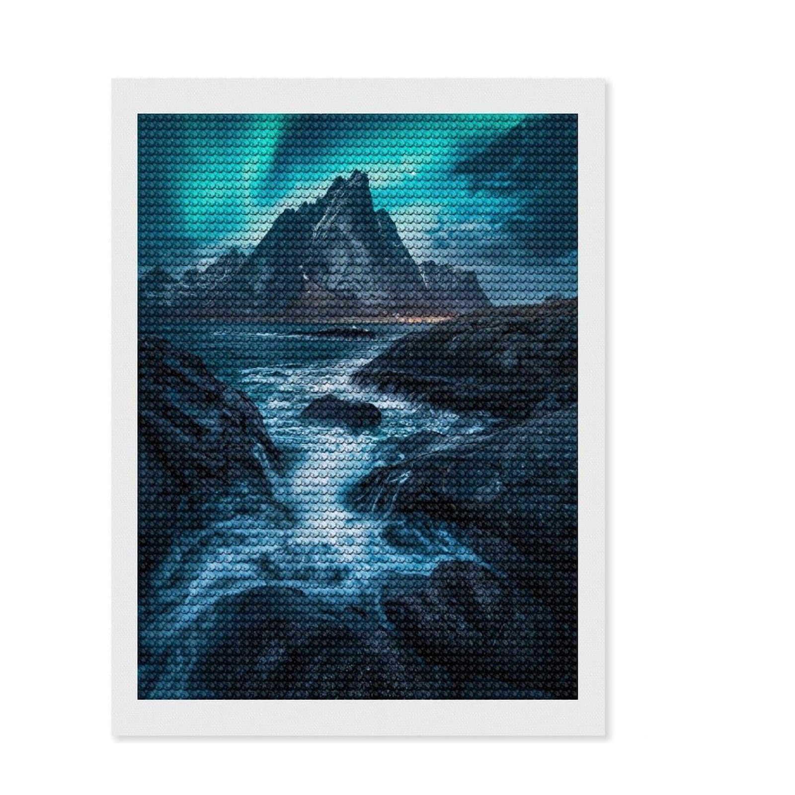 Junmoney Northern Lights Seascape Diamond Painting Set 12"x16", Gift Idea, for Women, with Tool Kit, Boho Decor, Stress Relief Craft, Adhesive Canvas