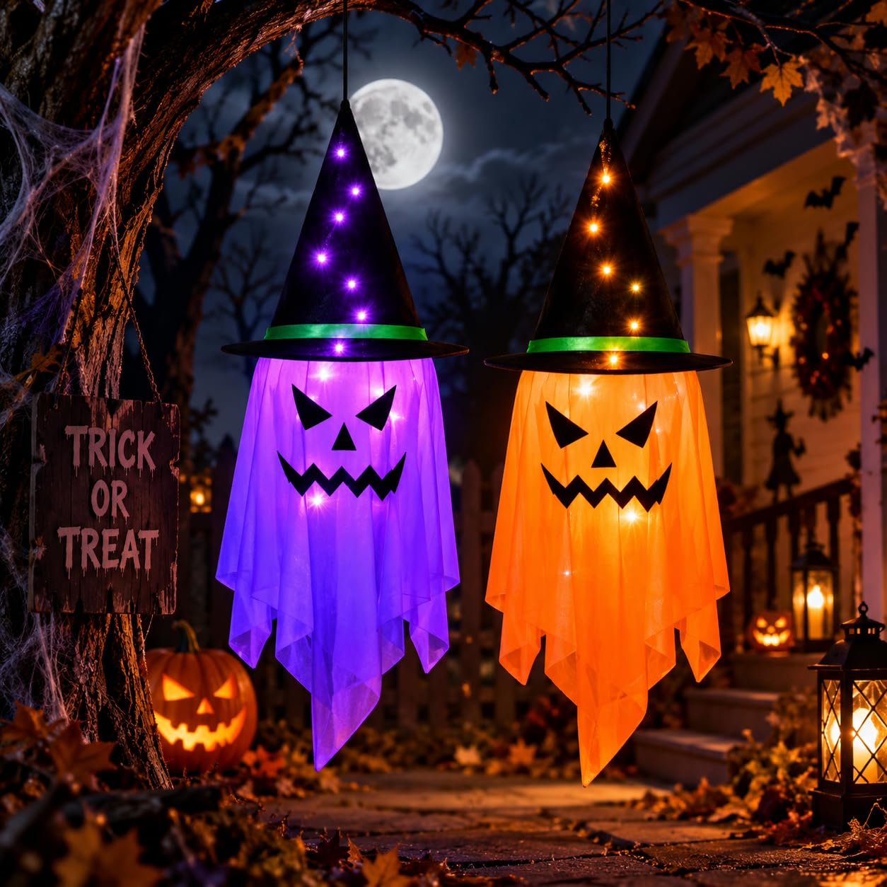 CNMTCCO 2 Pack Halloween Decorations, LED Halloween Ghost Hanging Lights with Witch Hats, 105cm Light Up Hanging Ghosts for Home, Garden, Porch, Trees & Halloween Party
