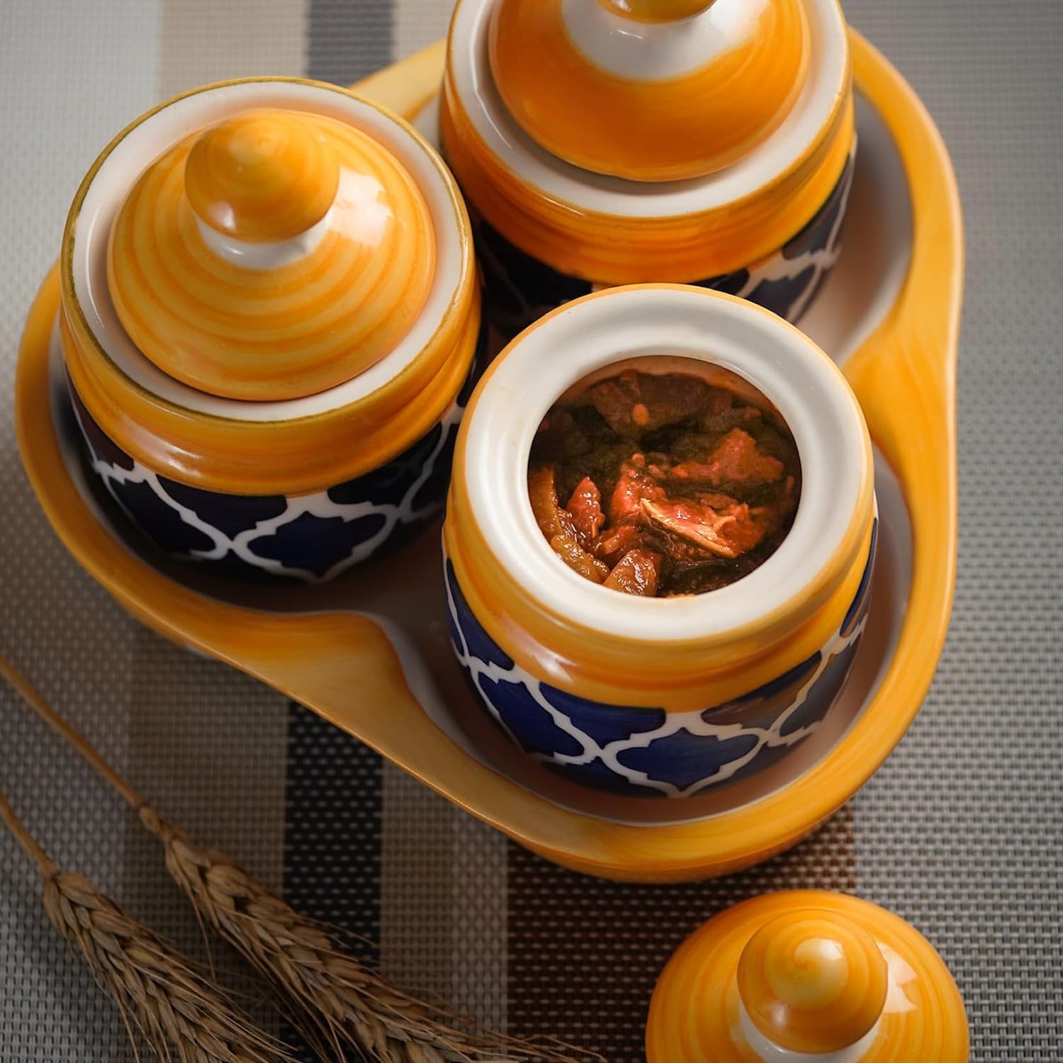Jetwals Ceramic Handmade Pickle Jar Set 3 (200ml) with Lid and Tray, Dining Table Pickle Container (yellow trey set 3) (B0CPT1Q2YP) Amazon Price History, Amazon Price Tracker
