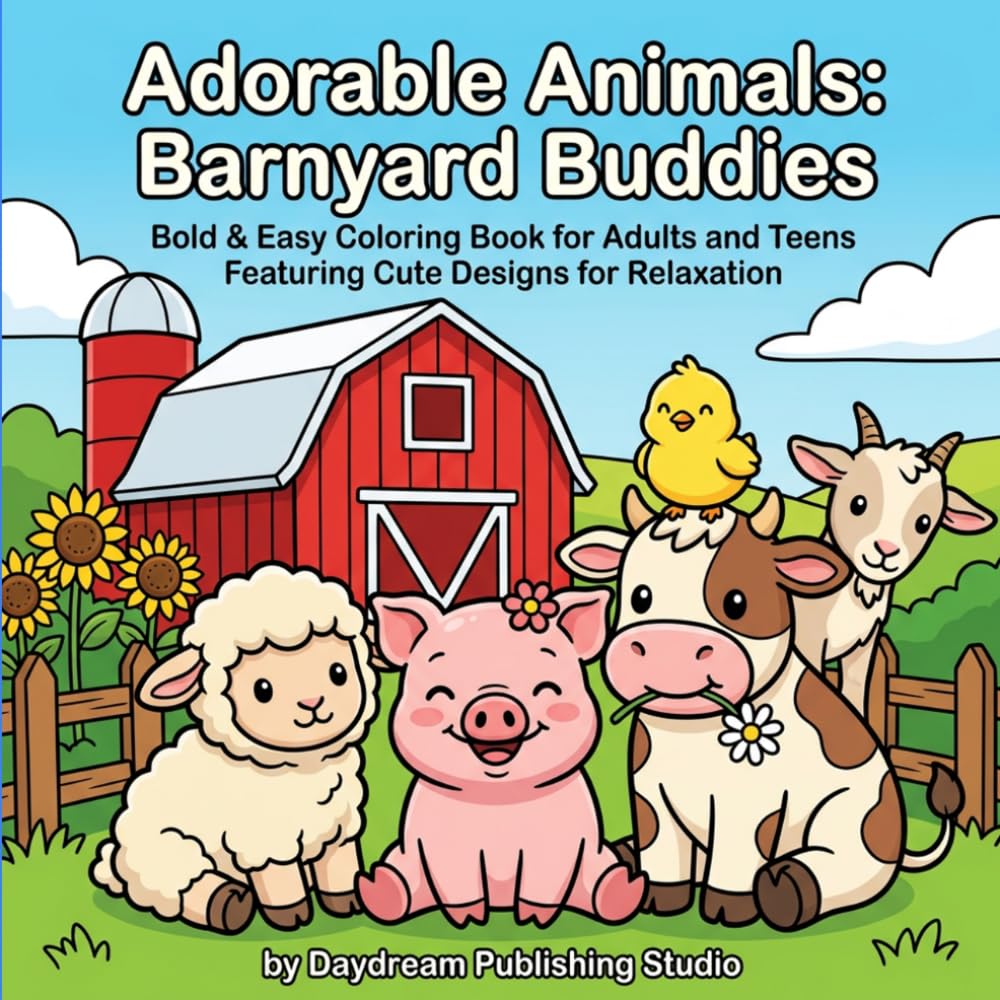 Adorable Animals: Barnyard Buddies: Bold & Easy Coloring Book for Adults and Teens Featuring Cute Designs for Relaxation