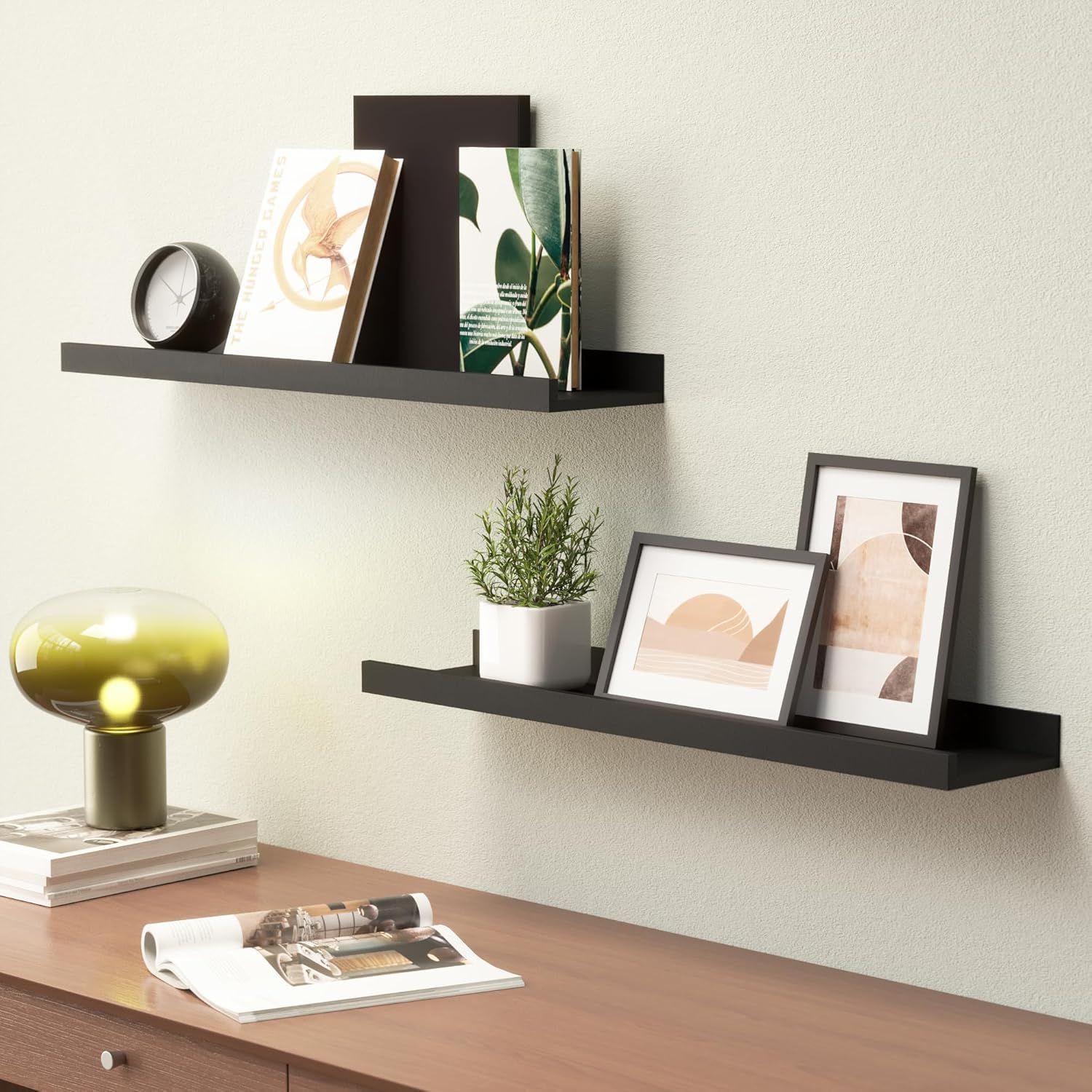 RICHER HOUSE Black Floating Shelves for Wall Set of 2, 60 CM Wood Floating Shelves Modern for Photo Ledge Display Wall Decor - Image 2