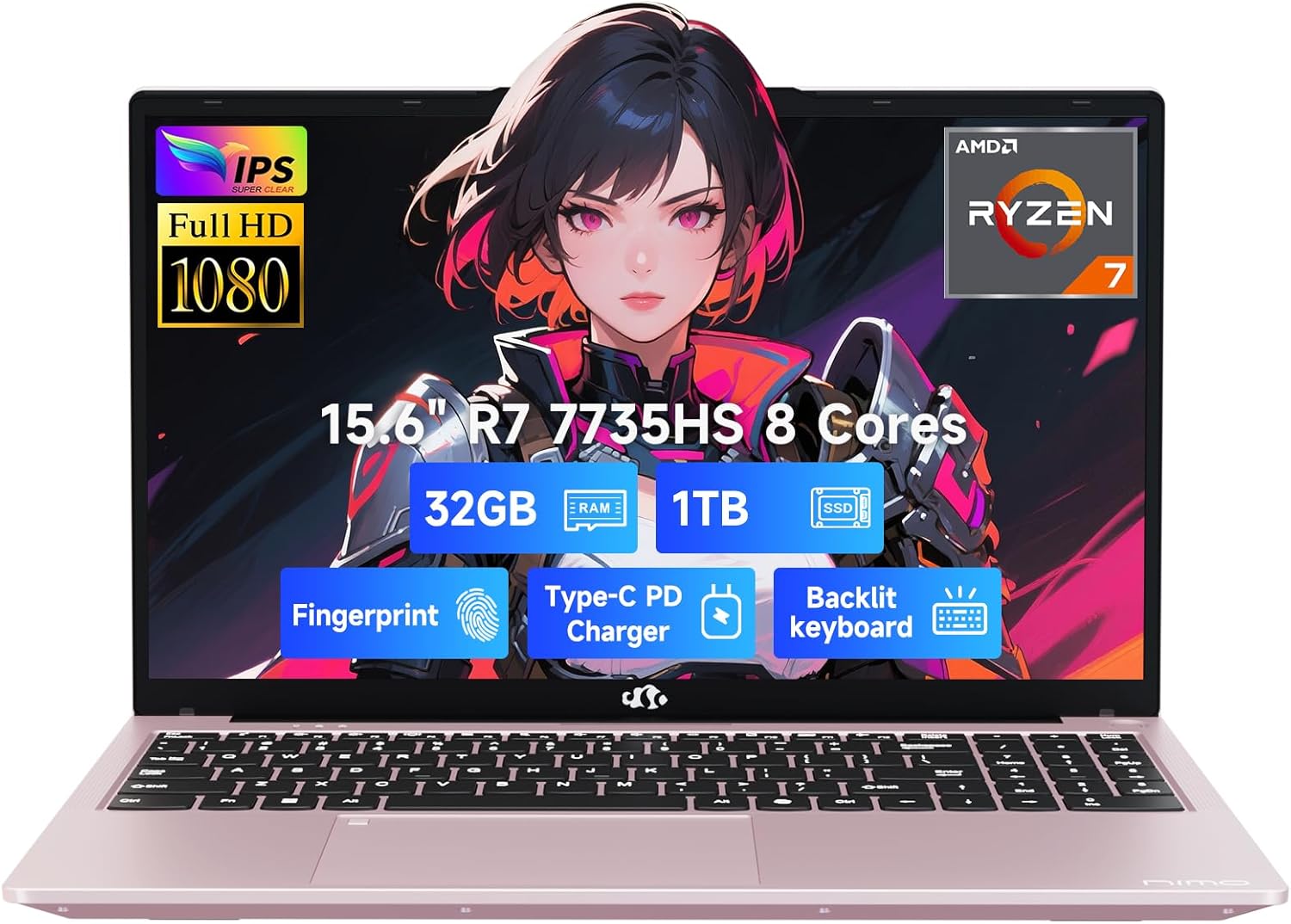 NIMO 15.6″ IPS FHD Gaming-Laptop, AMD 8 Cores Ryzen 7 7735HS 32GB DDR5 RAM 1TB SSD (Beats i7-12650H, Up to 4.75GHz) Computer with Radeon 680M 100W Type-C Backlit Keyboard Fingerprint Unlock, Rose Gold NIMO 15.6″ IPS FHD Gaming-Laptop, AMD 8 Cores Ryzen 7 7735HS 32GB DDR5 RAM 1TB SSD (Beats i7-12650H, Up to 4.75GHz) Computer with Radeon 680M 100W Type-C Backlit Keyboard Fingerprint Unlock, Rose Gold