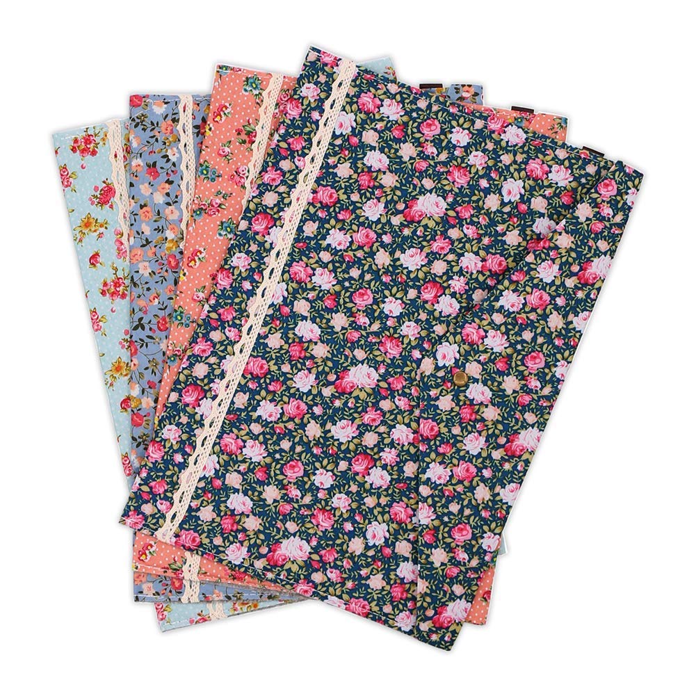SumDirect4Pcs 33 X 23 Cm Cotton Folder Floral Pattern A4 Size Paper Document File Carrying Case with Snap Button for Organizing Books, Documents, School and Office Accessories