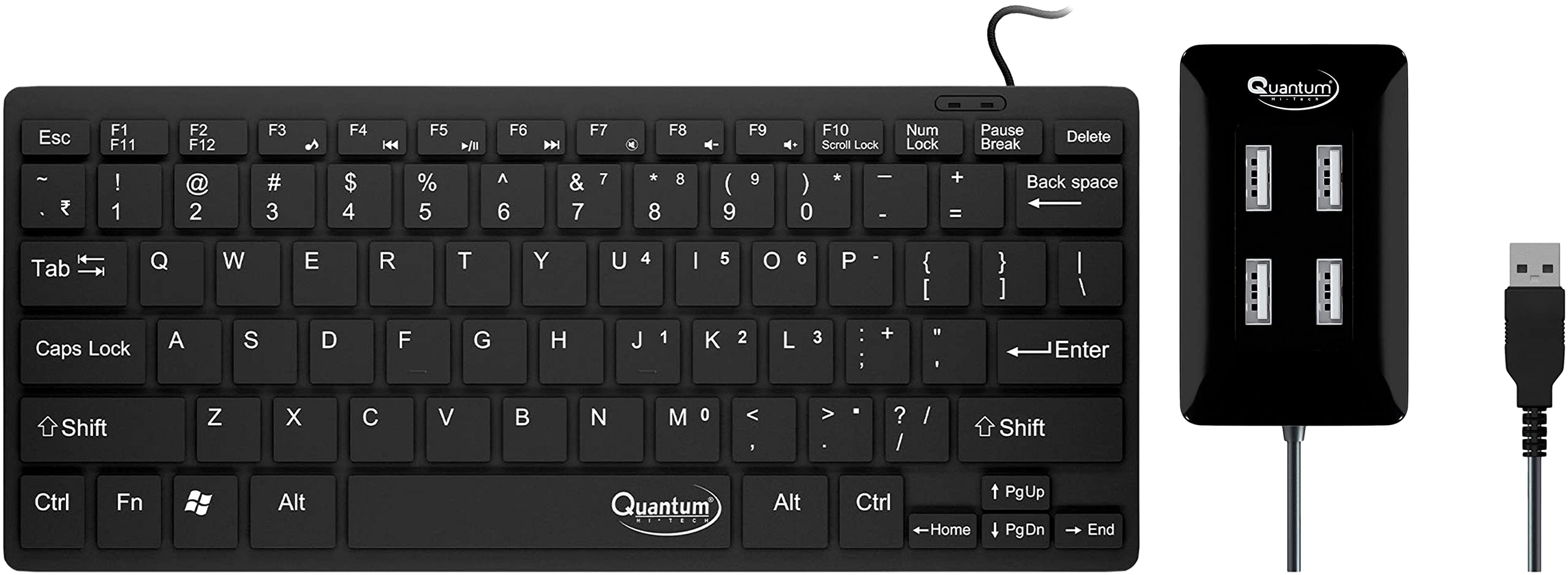 Quantum Mini USB Wired Keyboard Slim Design with Chiclet Keys & QHM6633 4-Port Hi-Speed USB Hub with 480 Mbps Speed, Charging Function, Pocket Sized with 75cm Cable Compatible with Laptop, Desktop