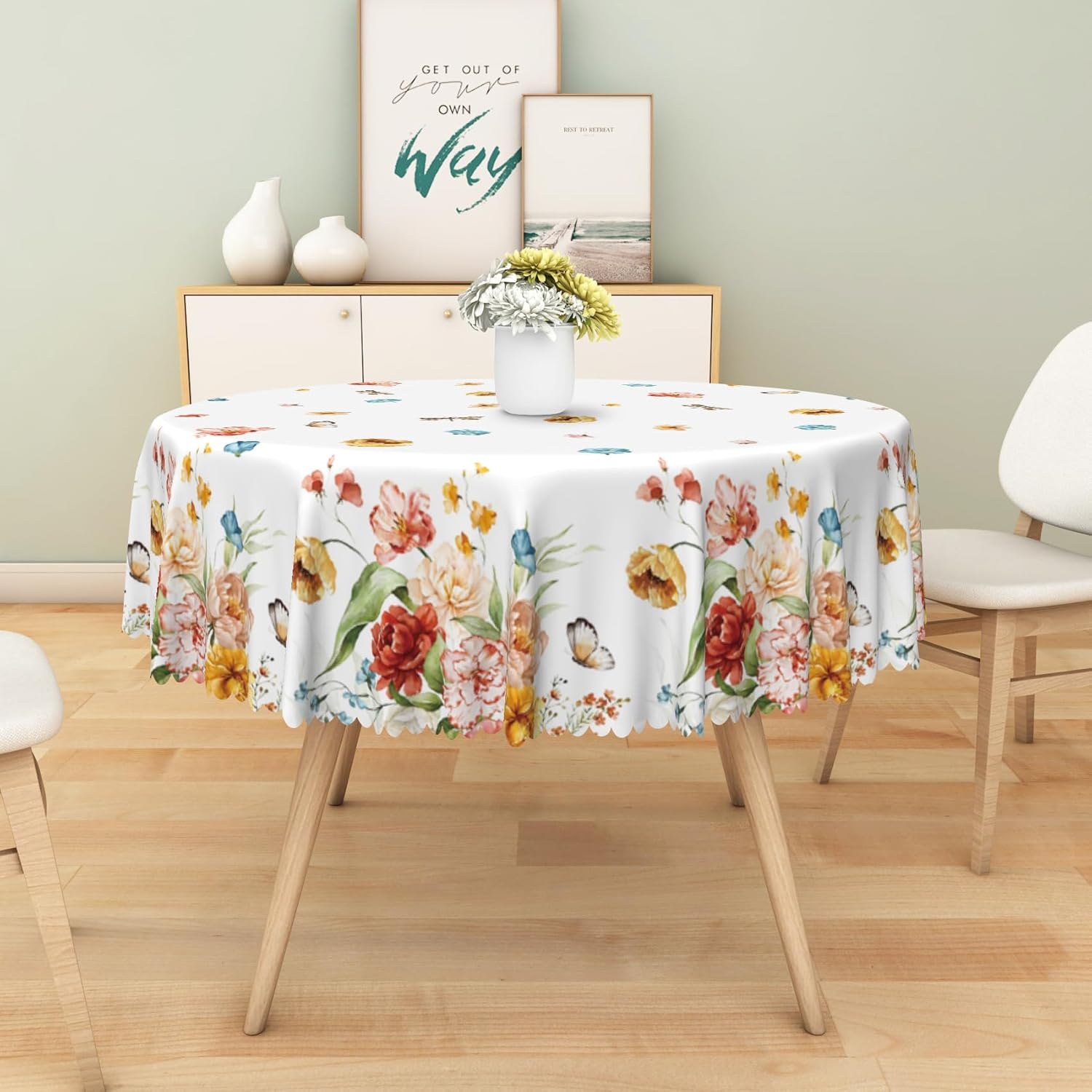 Colorful Floral Round Tablecloth 60 Inch Spring Peony Glory Butterfly Dragonfly Print Table Cloth Polyester Waterproof Reusable Flower Table Cover for Garden Party Kitchen Picnic Patio Decor