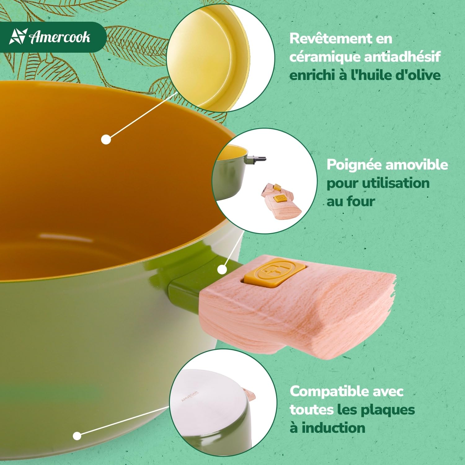 Couvercle Universel AMERCOOK AmVegan – 24-28 Cm – Verre Et Silicone – Vert – Pour Poêles Et Casseroles – 100% Vegan