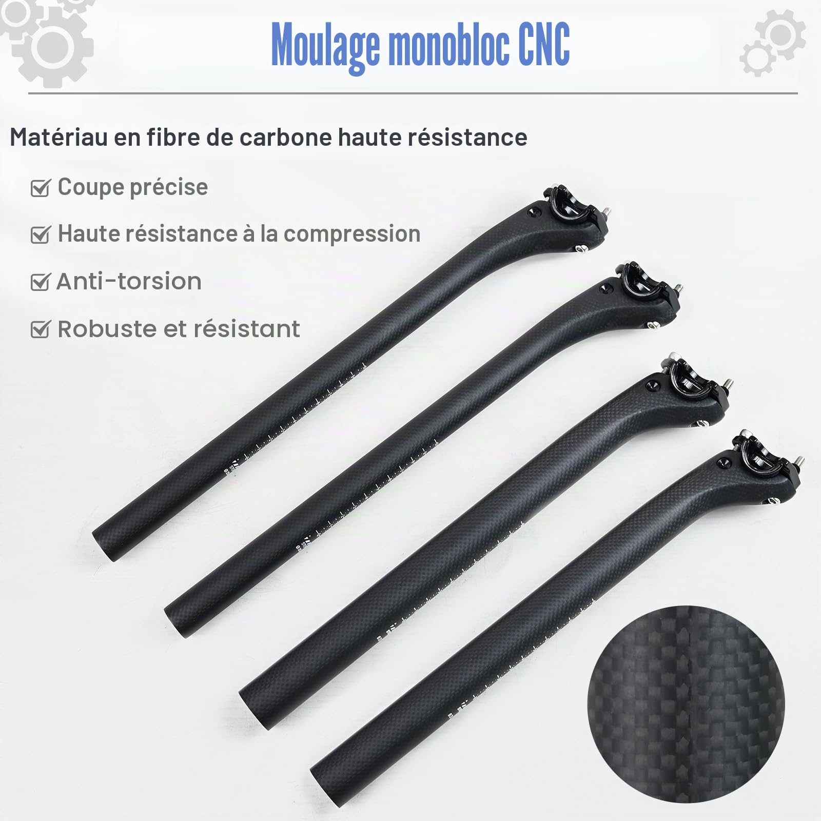 ROADNADO Tige de Selle Carbone de vélo 25.4/27.2/31.6mm Tige de Selle VTT ultralégère 350/400mm Tige Selle Carbone réglable pour vélo de Route, VTT, BMX, Noir Mat