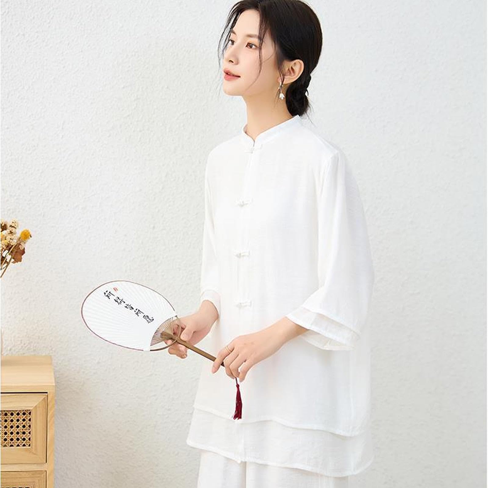 Vêtements de Tai Chi pour Femme en Soie et Lin Uniforme de Kung Fu Style Chinois Méditation Zen Décontracté Manches Trois-Quarts Tenue D'exercices du Matin pour Femme,White-XXL
