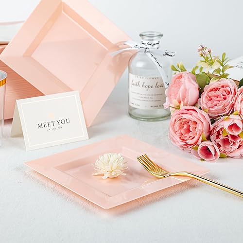Miniatura 5 de Paquete de 100 platos cuadrados de plástico de postre rosa, platos desechables de 6.5 pulgadas, platos resistentes para fiestas, bodas, Navidad,