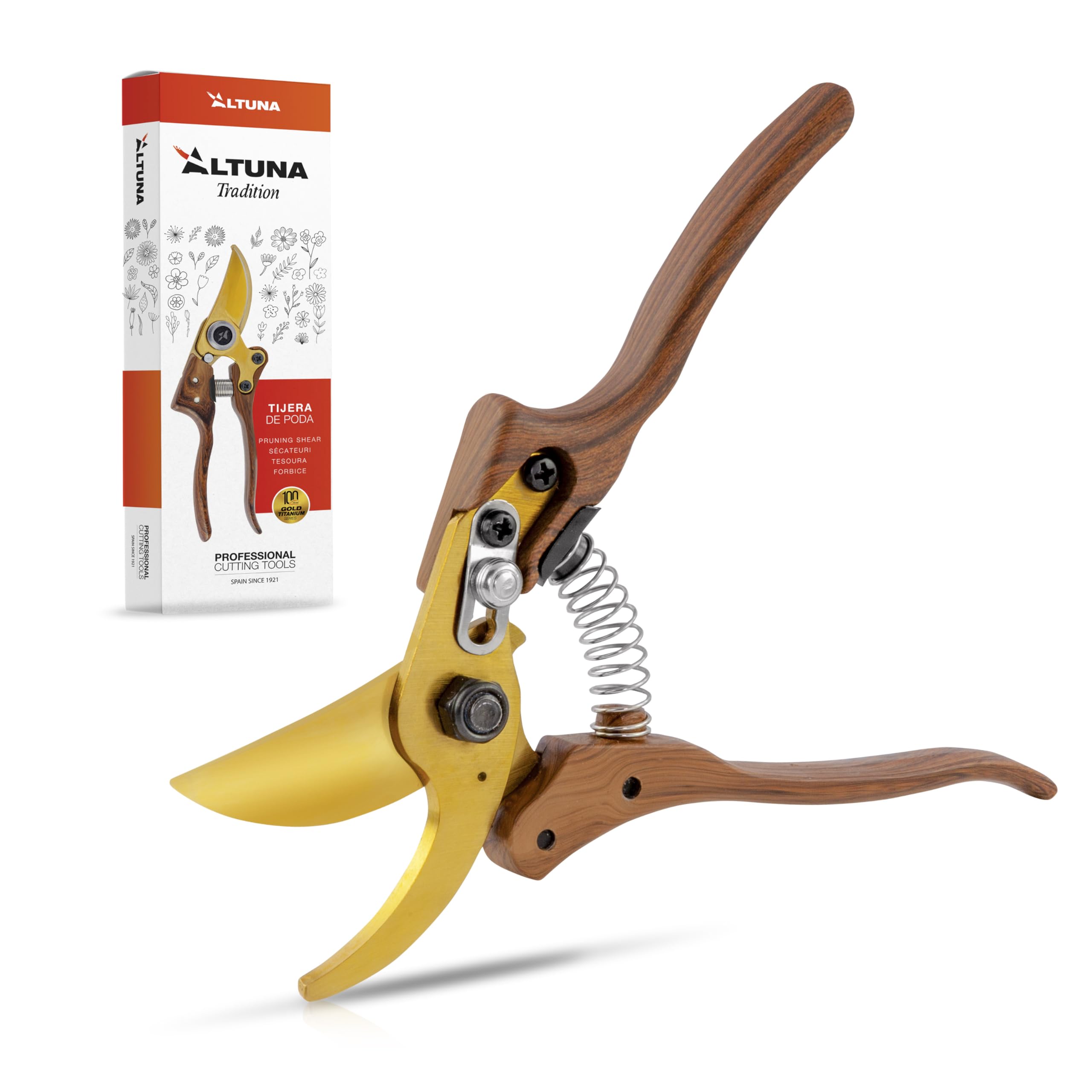ALTUNA Tijeras de Podar de Titanio para Jardín con Mango de Madera - TR10 | Hoja SK5 para corte preciso, ramas de hasta 20 mm, tacto natural y diseño ergonómico, presentación en caja