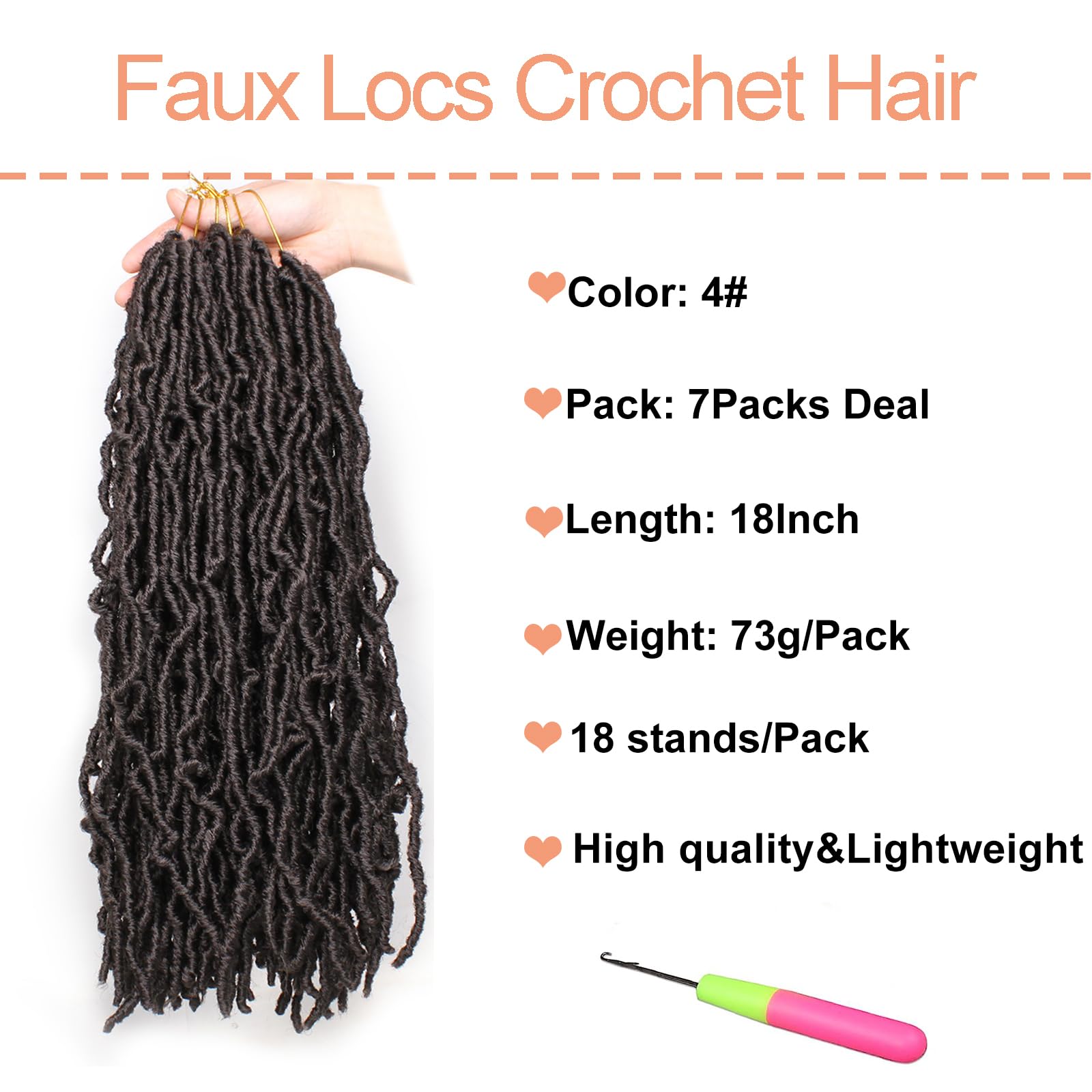 Mscat 7 Packs 18 Inch Pre-Looped Faux Locs Nu Locs Synthetic Fiber Hair Extensions 12strands/pack 4#, 18 Inch (Pack of 7) - Image 2
