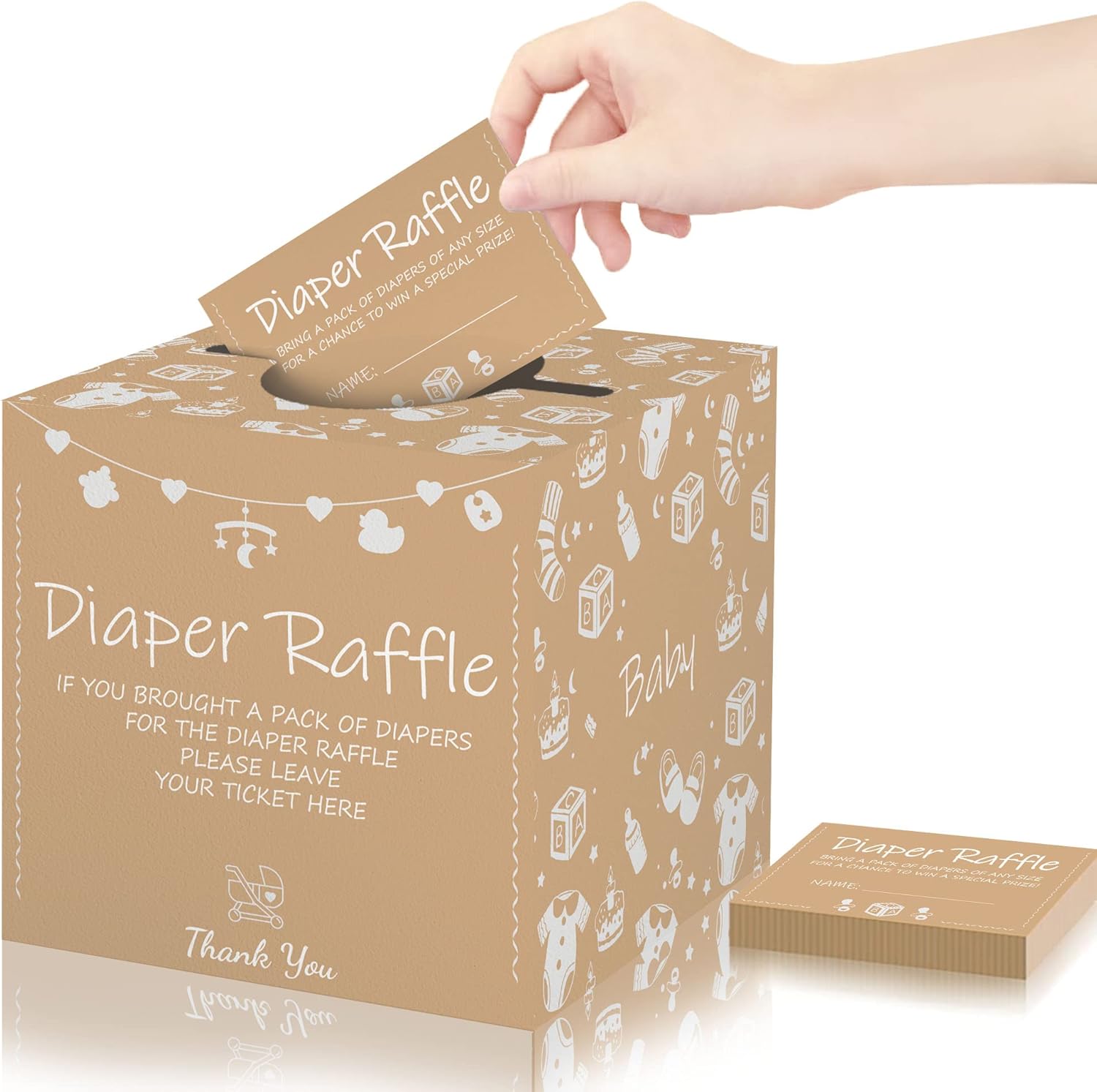 Azbuk Funny Diaper Raffle Game with Box and 50 Diaper Raffle Cards, Baby Products Theme Diaper Raffle Tickets for Baby Shower, Diaper Party Raffle Insert Cards, Party Decorations Supplies