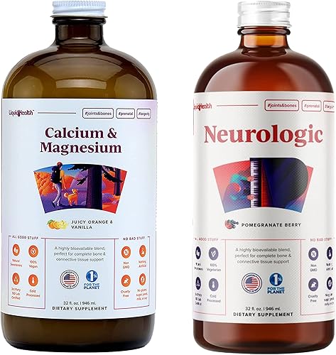 LIQUIDHEALTH Paquete de suplementos vitamínicos líquidos nootrópicos de calcio y magnesio y neurológicos para adultos – Apoya la salud de los huesos