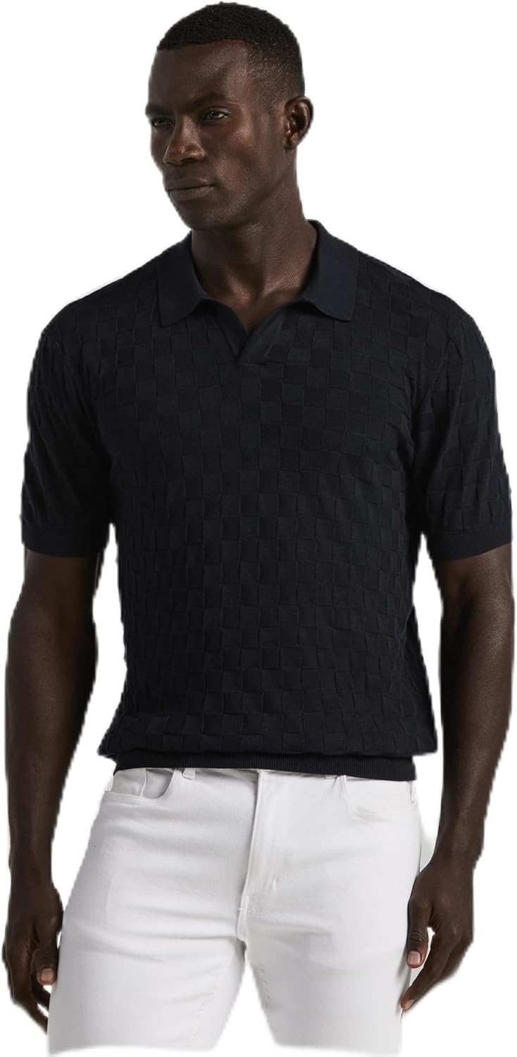 Perry Ellis Men's Short Sleeve Checker Texture Open Polo Sweater