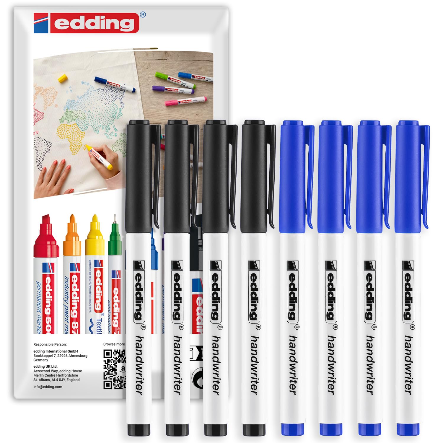 edding Handwriter Pens Fineliner Pack of 8 (Black & Blue)