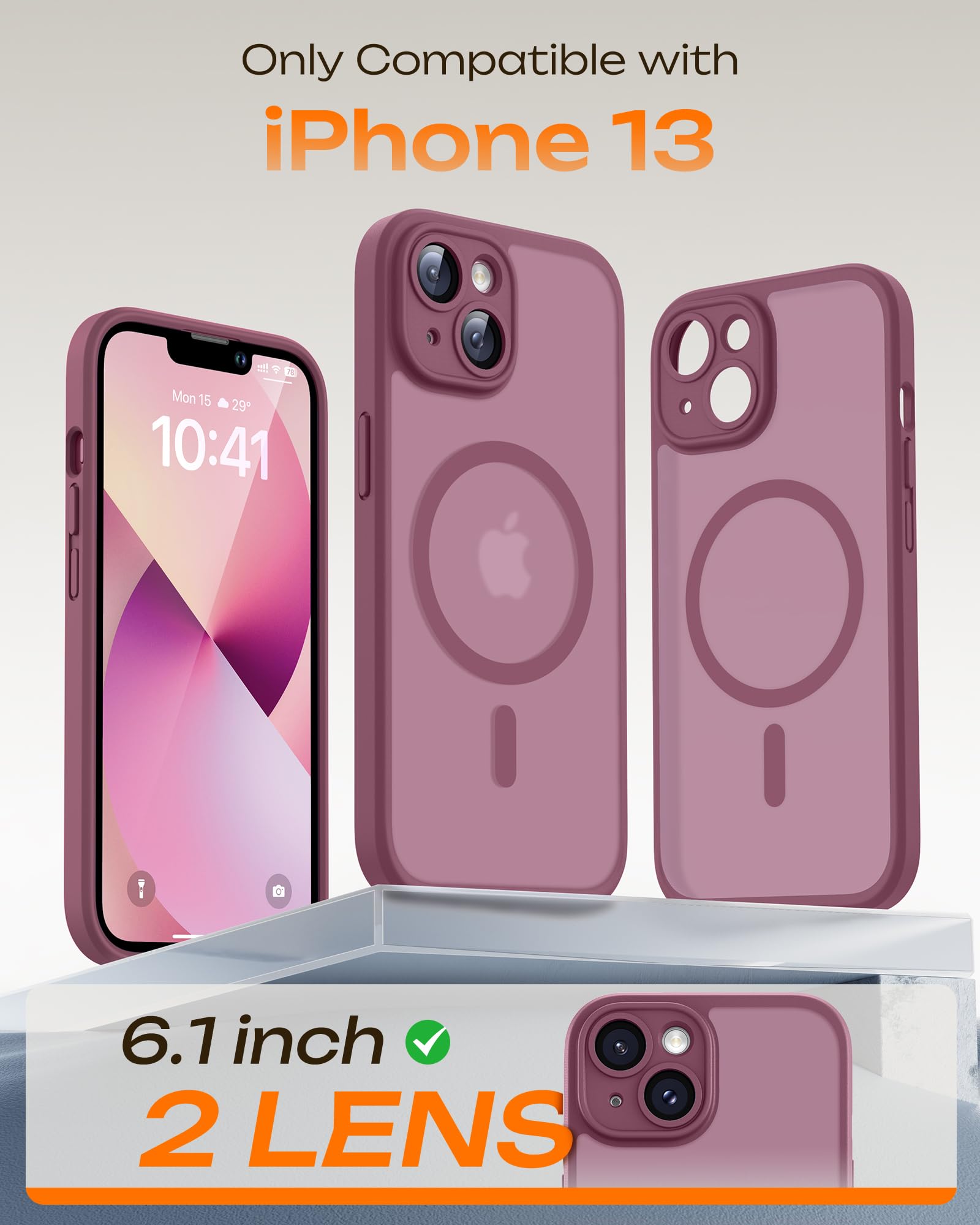 TOCOL Cover Magnetica per iPhone 13 6,1 Pollic, Compatibile con MagSafe, Protezione Fotocamera Integrata, Custodia Antiurto Traslucida Opaca, Prugna