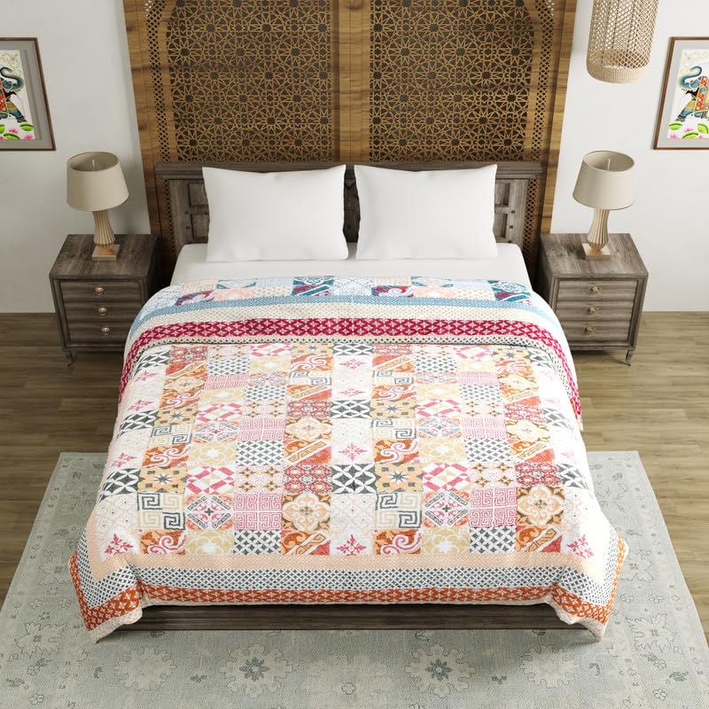 Image of BLOCKS OF INDIA Hand Block Printed Cotton King Size Quilt /Rajai (90 Inch X 108 Inch RED CHOKDI) Skin Friendly, 300 TC
