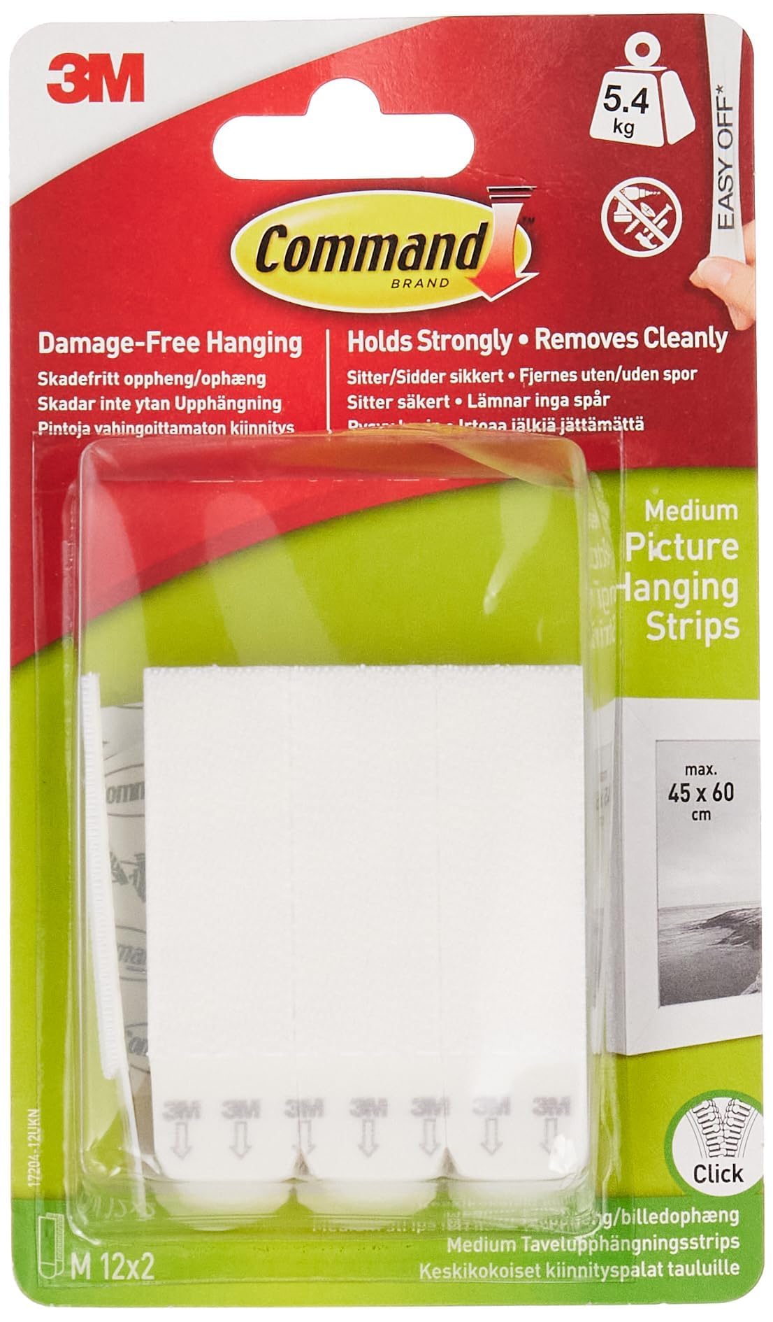 Picture Hanging Strips, Standard - 12 Pairs (24 Strips) Adhesive Strips, White - Damage Free Hanging for Pictures, Frames, Mirrors, Wall décor and Signs - Holds up to 5 kg