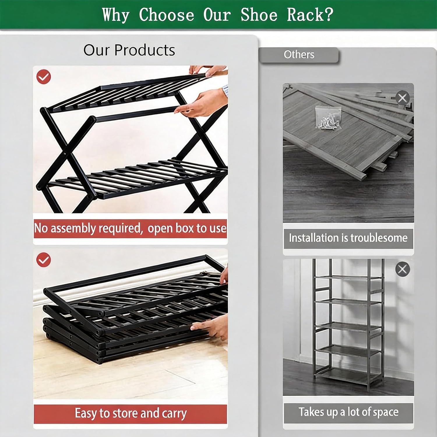 5 Tier Bamboo Shoe Rack Black,Portable Folding Shoe Storage Rack,Without Installation Small Shoe Rack Perfect for Corridors, Drom, Bedrooms and Small Spaces image 4