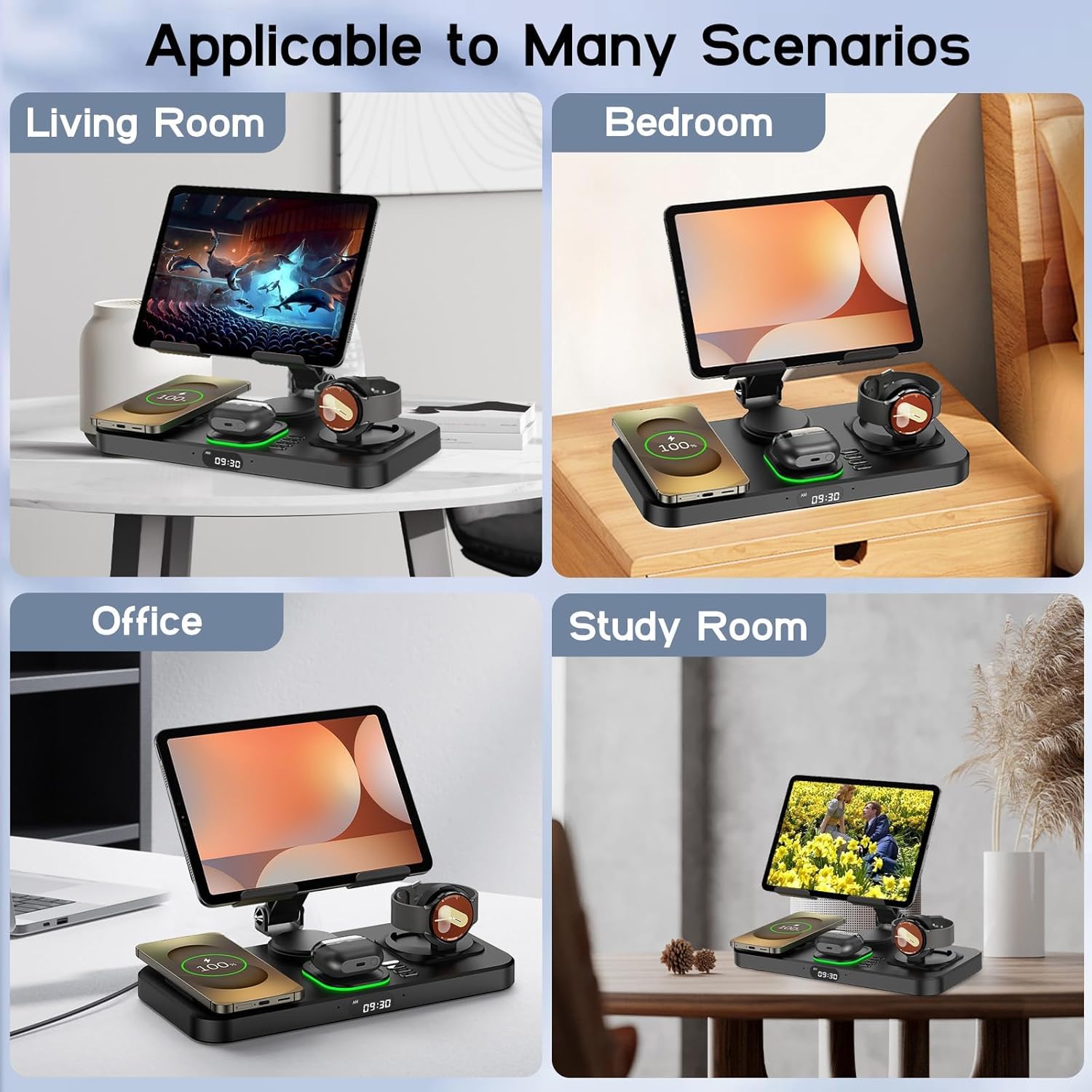 30W Tablet Wireless Charger for Samsung, Foldable Android Charging Station with Clock Display with 7-Color Light, Wireless Watch Charger for S25, Only Compatible Samsung Watch, Galaxy Buds3 Pro(Black - Image 9