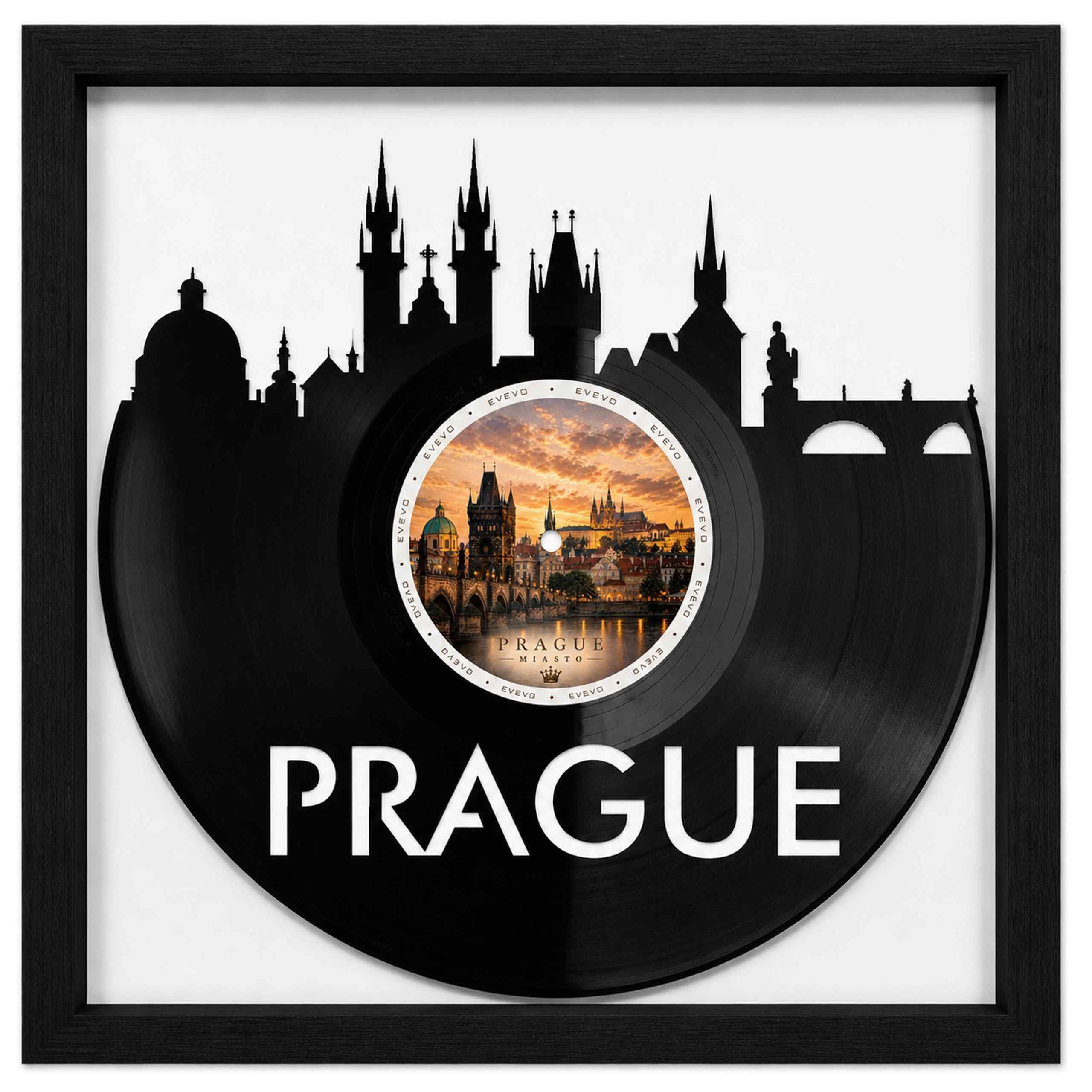 EVEVO Dekoracja ścienna z płyty gramofonowej w ramie 32 x 32 cm Praga - winylowa sztuka ścienna, prezent dla fanów Pragi