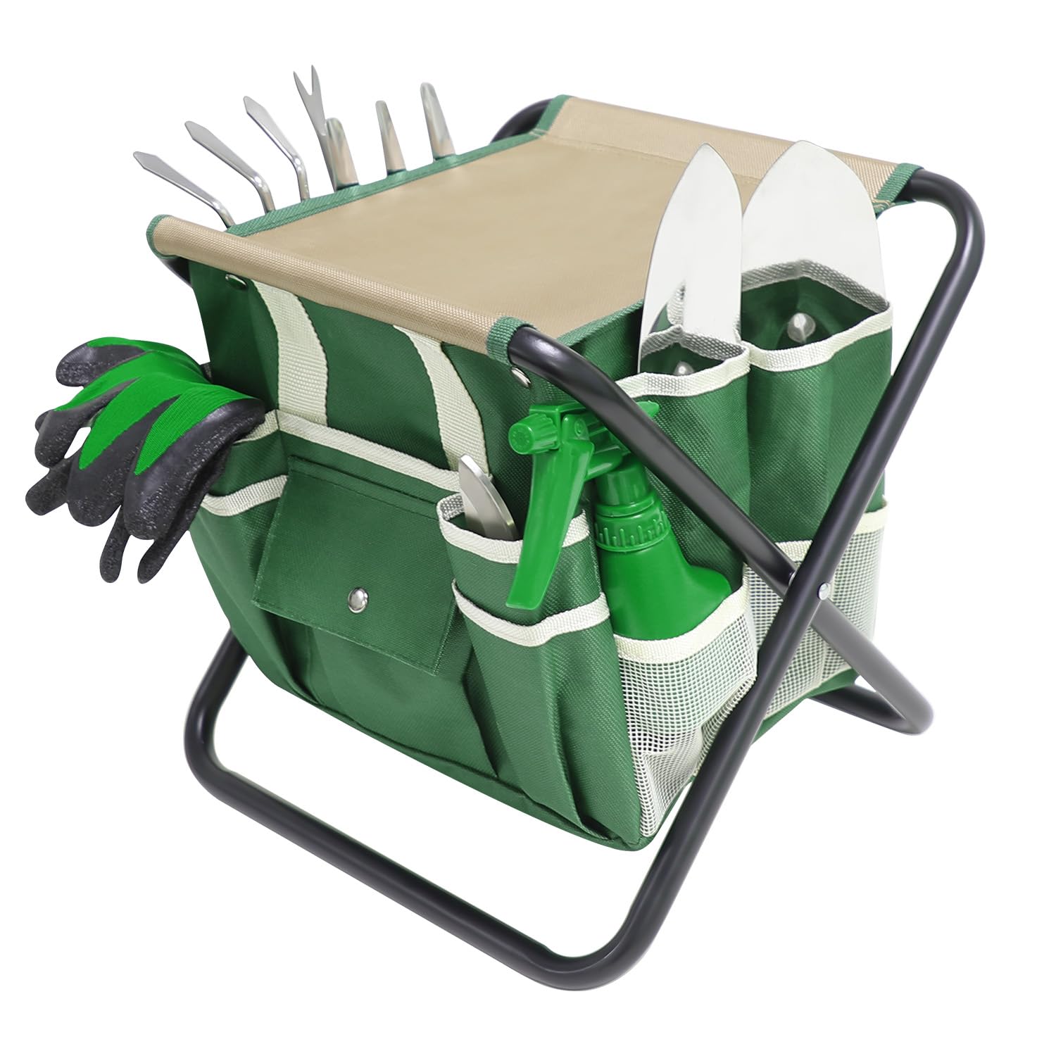 Gartengeräte-Set, 10-teiliges Gartenset mit stabilem Klapphocker, Gartengeräte mit abnehmbarer Aufbewahrungstasche, Gartengeräte