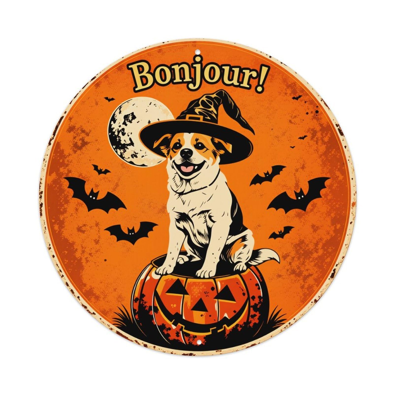 Dog Witch Pumpkin Moon Bats Round Tin Sign Vintage Style Metal Sign Home Bar Garden Wall Plaque Decor Metal Poster 8x8 Inch
