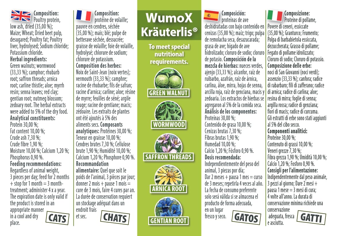 WumoX Herblis para Gatos | Trata con extractos de Hierbas | nutrición Natural para Fortalecer el Medio intestinal | con vermut Real | Alternativa Natural