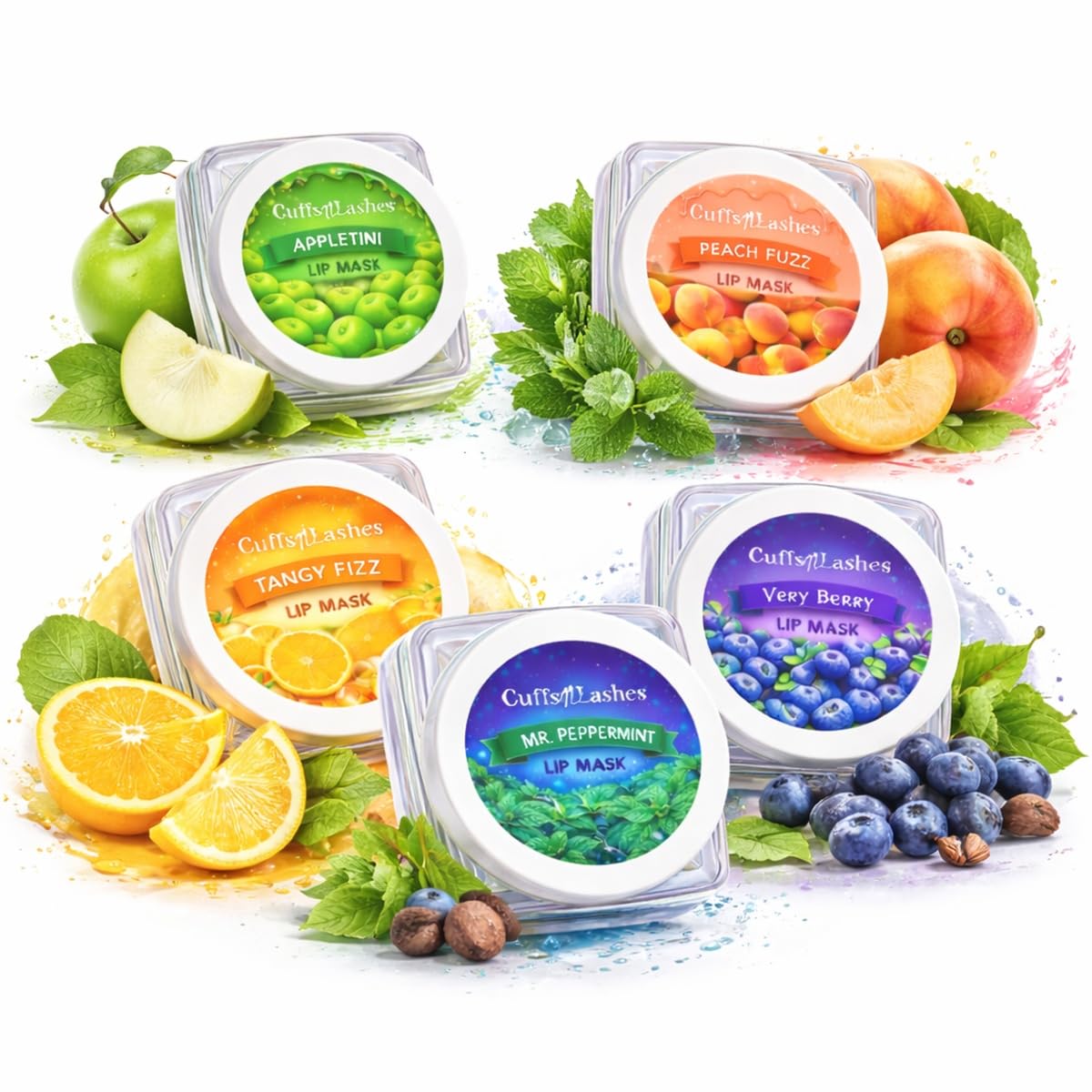 Cuffs N Lashes Lip Mask Set, 5 Flavours, Appletini, Mr. Peppermint, Peach Fuzz, Tangy Fizz, Very Berry, Balm, Multicolour, 40g-image-36