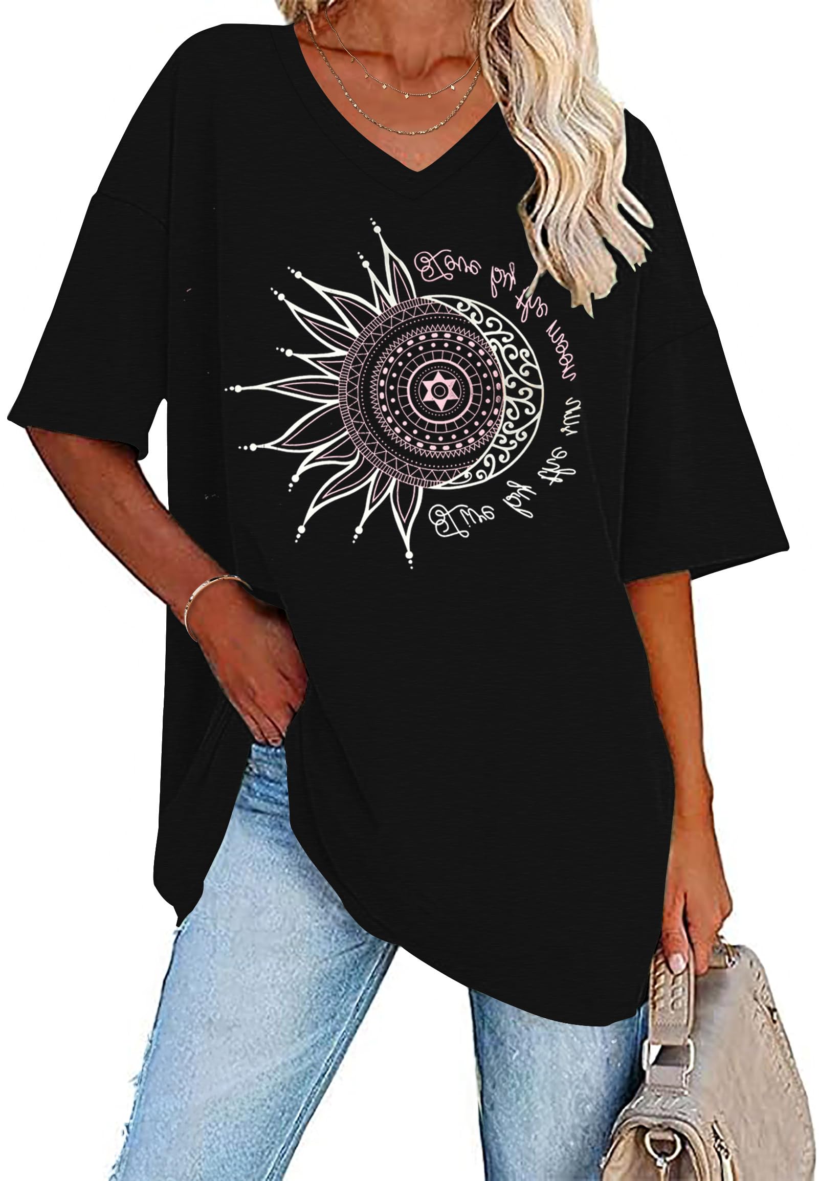 WNEEDU T-Shirt Damen Sommer Oversize Shirt Kurzarm V Ausschnitt Oberteile lässiges Top