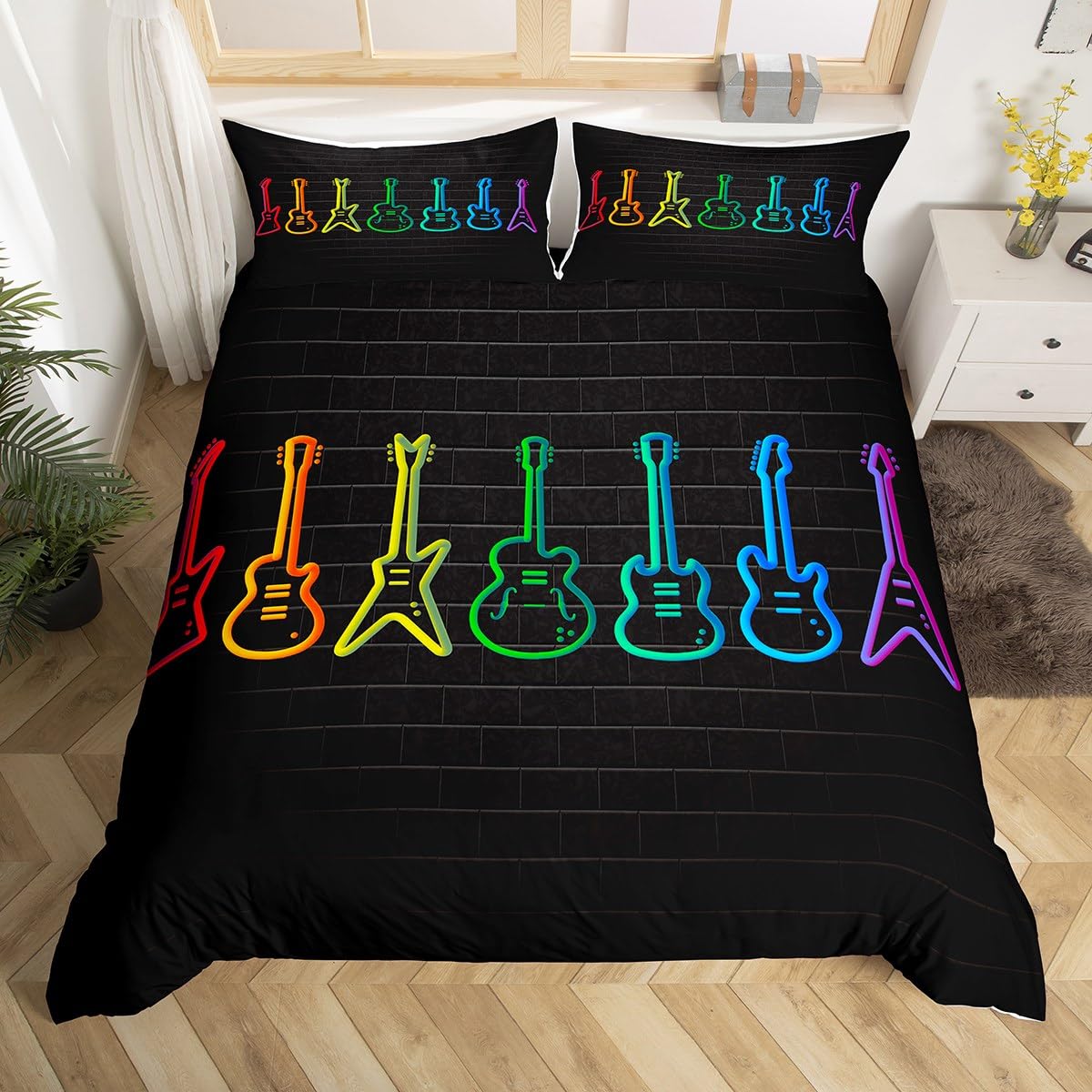 Homewish Glowing Guitar Bed Set for Kids Teen Adults Neon Guitars Duvet Cover