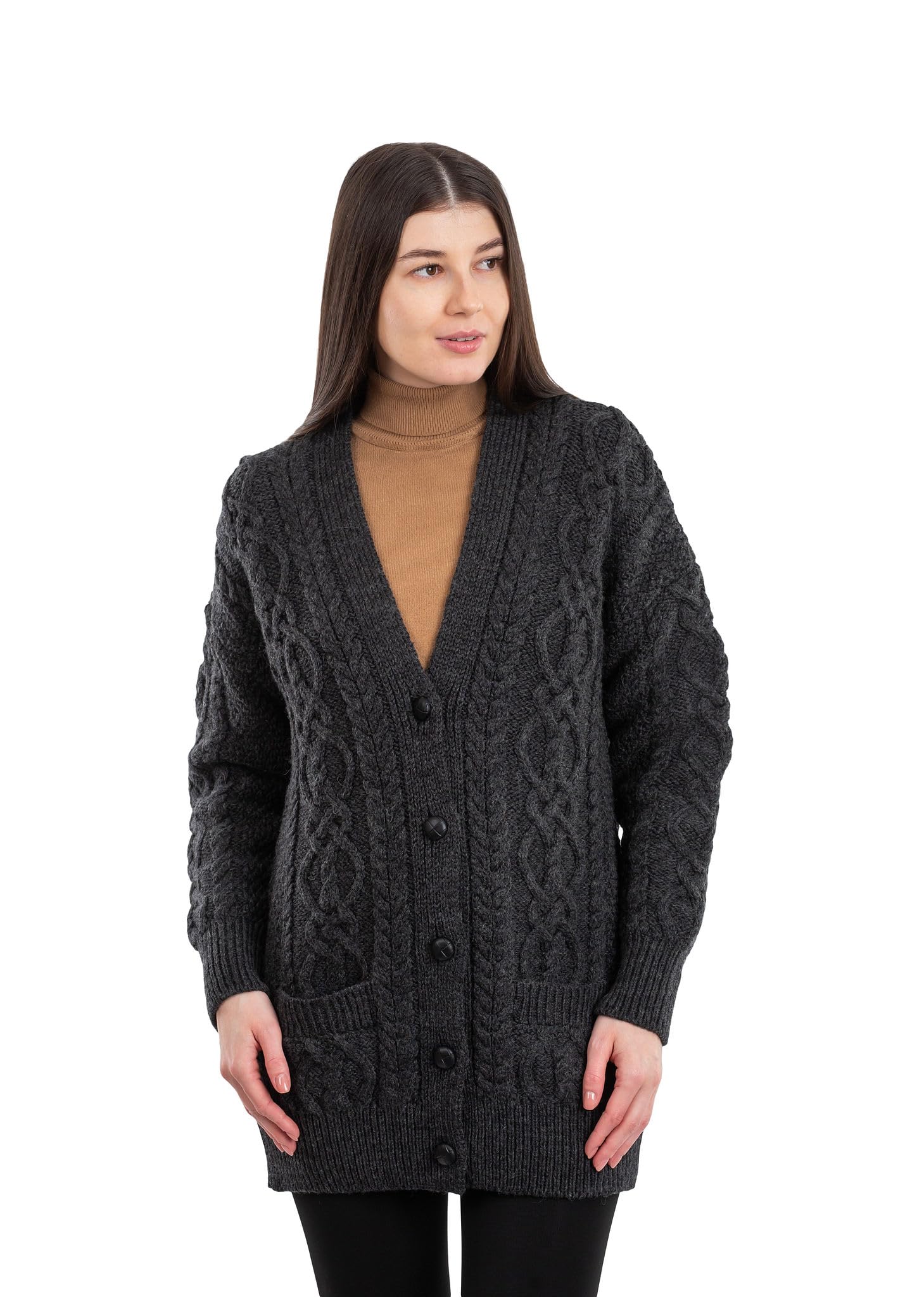 SAOL Cárdigan de punto trenzado 100 % lana merino, con botones, manga larga con bolsillos para mujer