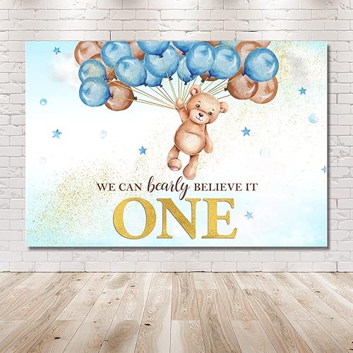 Miniatura 6 de MEHOFOND Telón de fondo de oso de primer cumpleaños para niños, con texto en inglés We Can Bearly Believe It One Happy First Birthday, decoración de