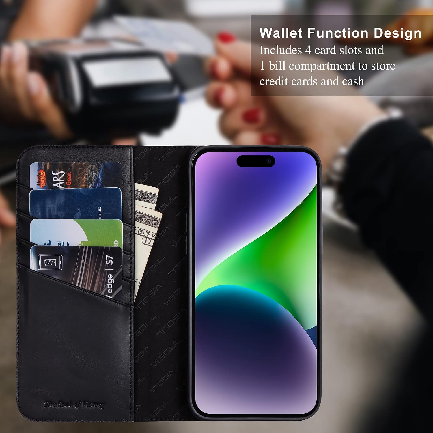 VISOUL Wallet Case for iPhone 14 Pro Max 5G, Genuine Leather Magnetic Folio Flip Case with [Card Slots][Kickstand][RFID Blocking] Shockproof Protective Cover for iPhone 14 Pro Max 6.7-inch(Black)