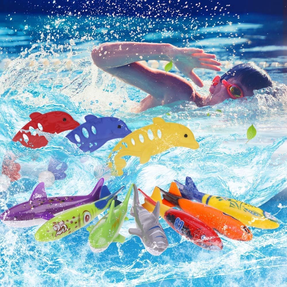 faburo 34pcs Jouets de Plongée, Jouets de Piscine pour Enfants 5-12 Ans, Anneau de Plongée sous-Marine, Ensemble de Jouets de Plongée avec Anneaux de Plongée & Dauphins & Herbes Marines etc