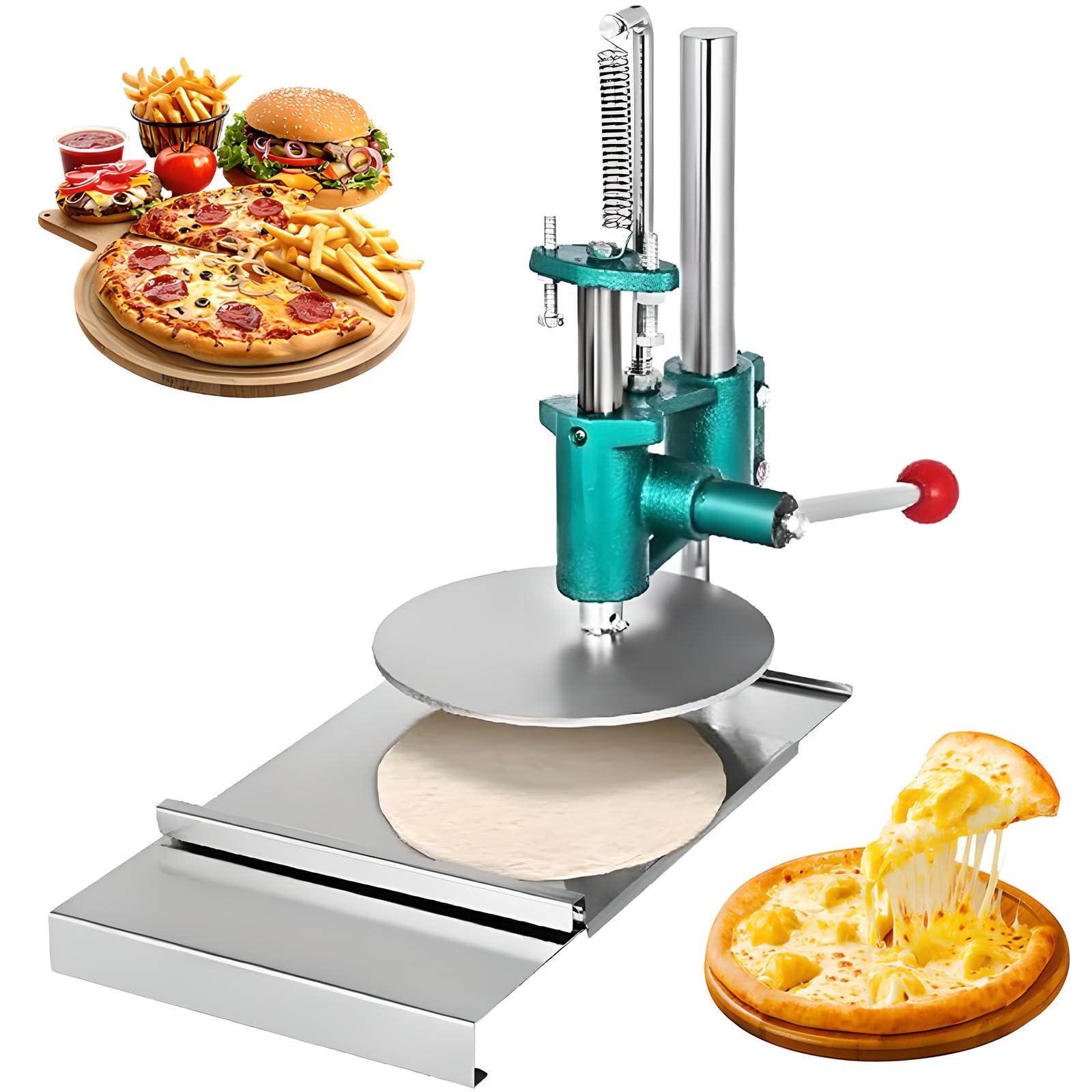 Manuelle Pizzateigpresse Maschine - Edelstahl Teigroller & Blecher mit einstellbarer Dicke für Pizzakruste, Kuchen, Tortillas, Chapati, Gebäck